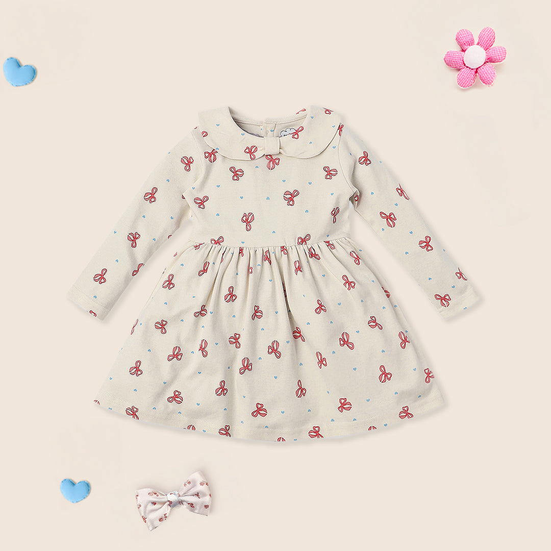 Nautinati Infants Cotton Peter Pan Collar Bow Printed Dress with Headband