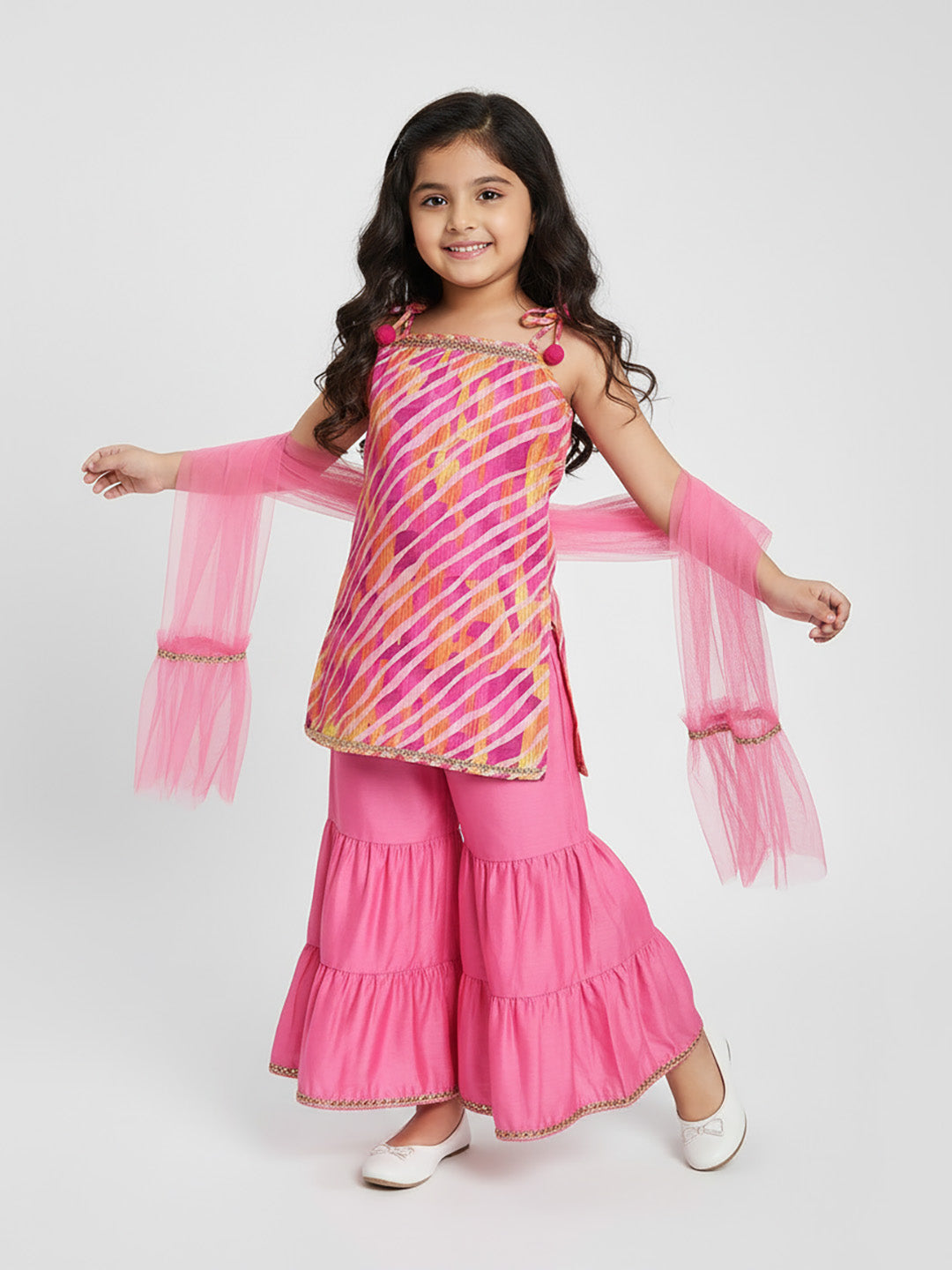 Nauti Nati Girls Leheriya Printed Shoulder Straps Gotta Patti Kurti with Sharara  Dupatta