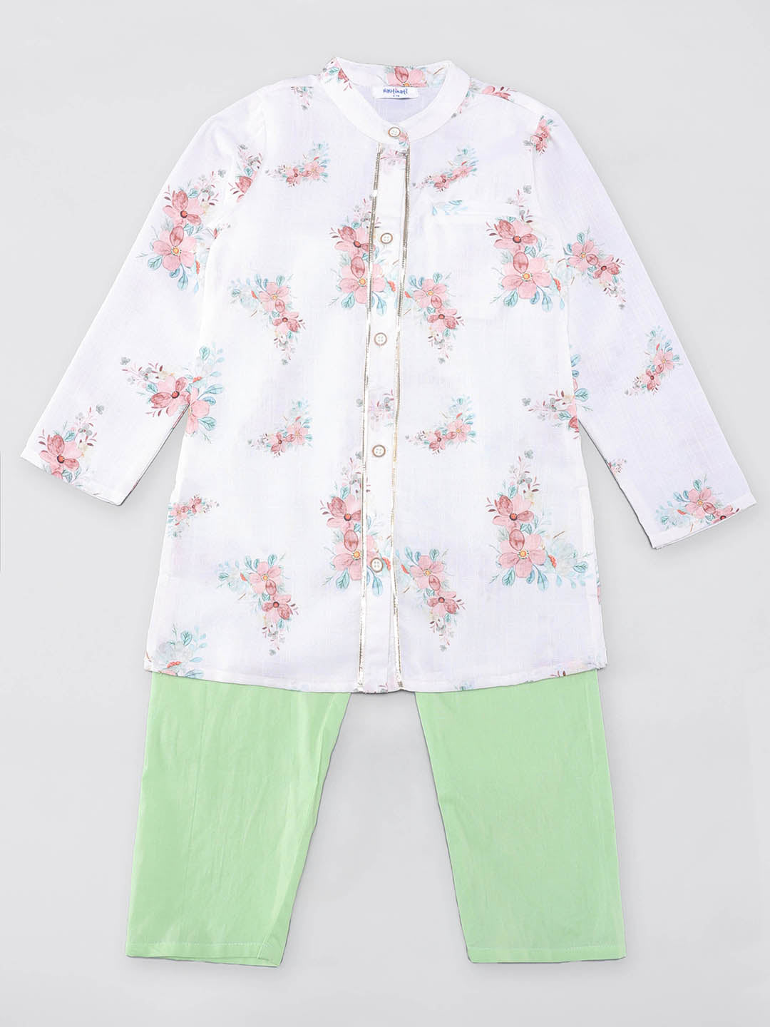 Nautinati Boys White Linen Floral Print Full Sleeve Ethnic Kurta with Pastel Green Pyjama