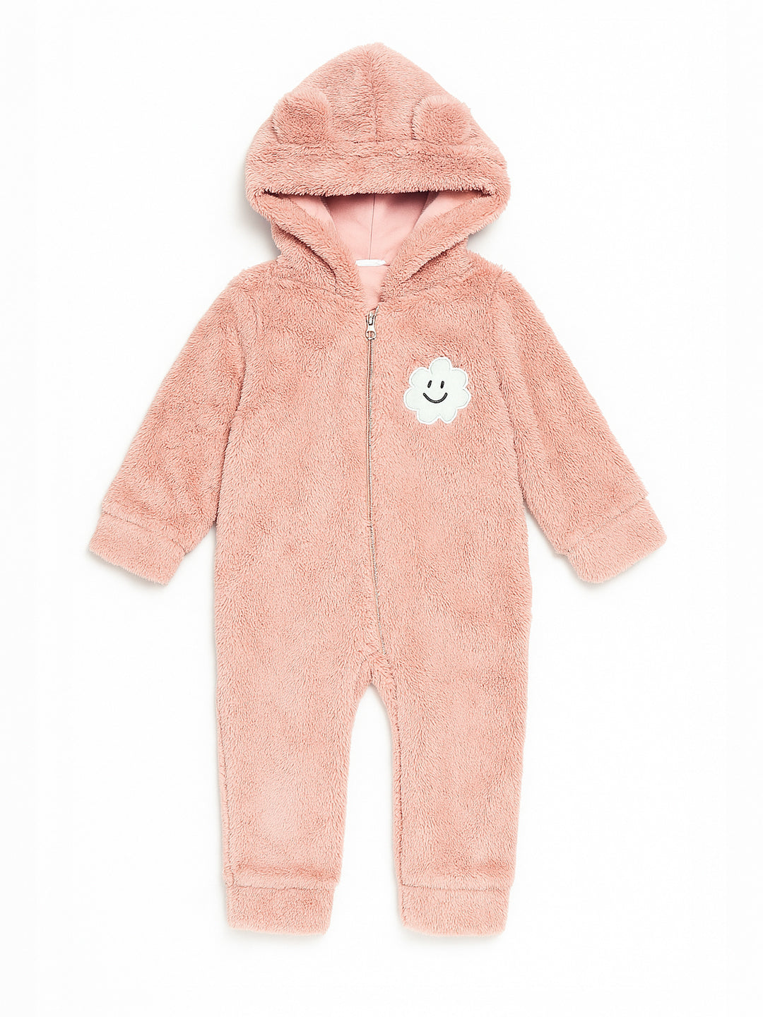 Nautinati Pink Bear Hooded Printed Fur Sleepsuit for Infant Girls