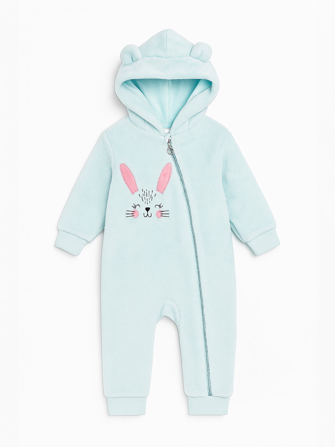 Nautinati Sky Blue Bunny Embroidered Hooded Fur Sleepsuit for Infant Girls