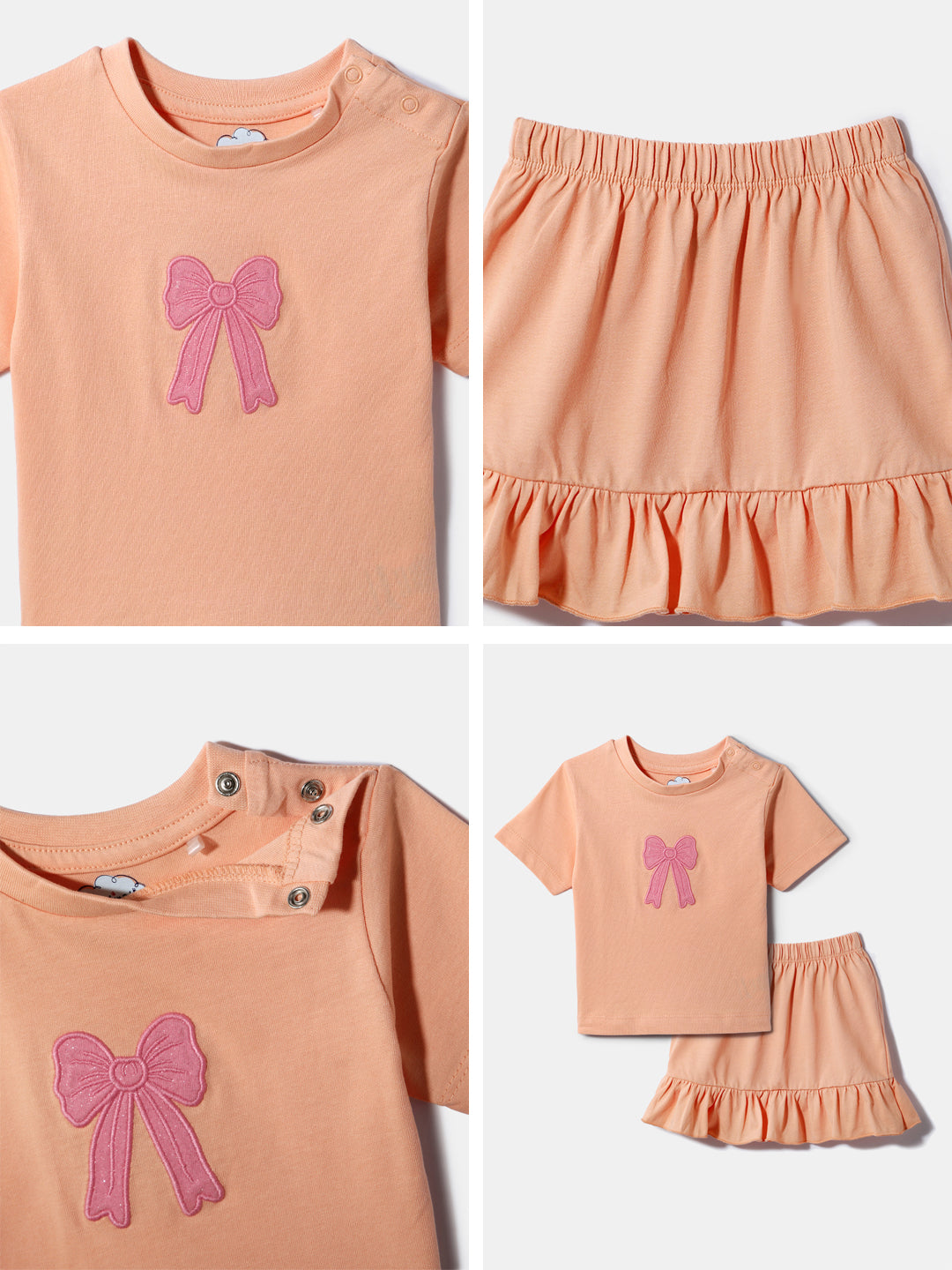 Nautinati Girls' Cotton Bow Embroidered Top and Skirt Set | Age 0 - 2 Years