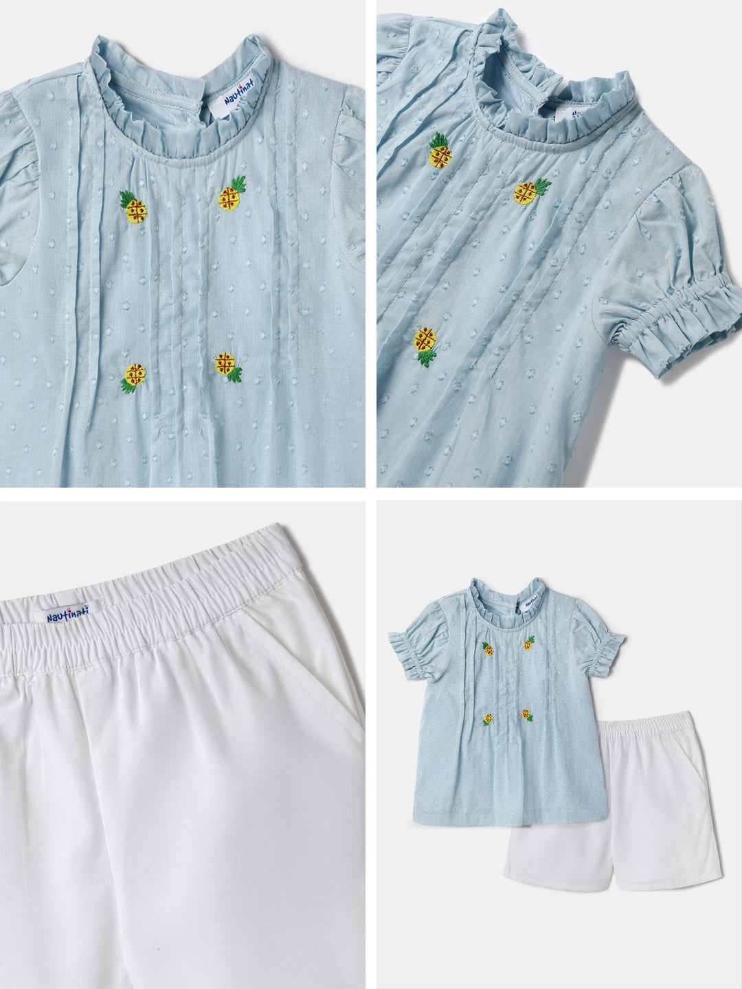 Nautinati Embroidered Blue Top and White Shorts Set for Girls