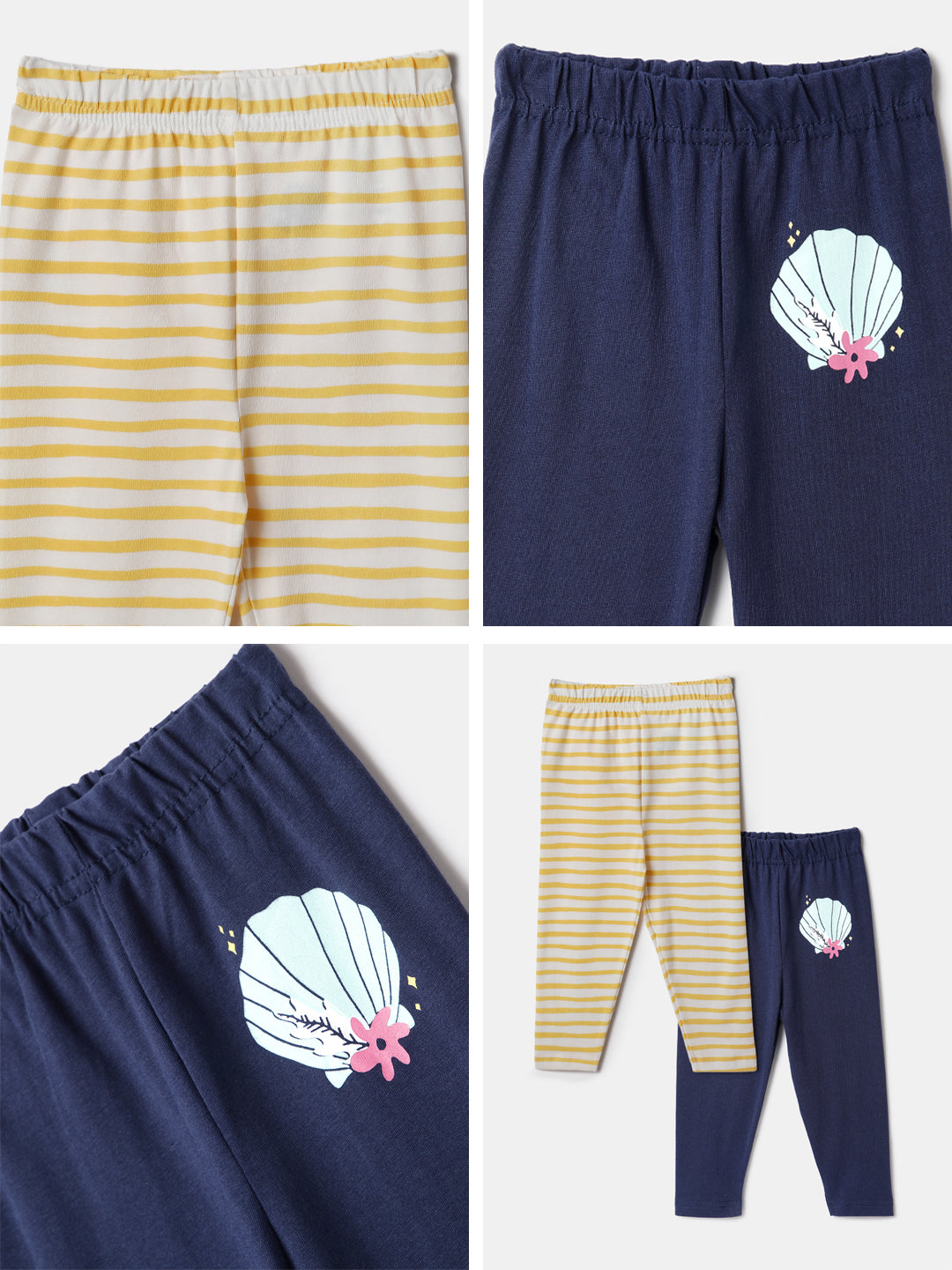 Nautinati Pack of 2 Yellow Striped and White Printed Leggings for Girls
