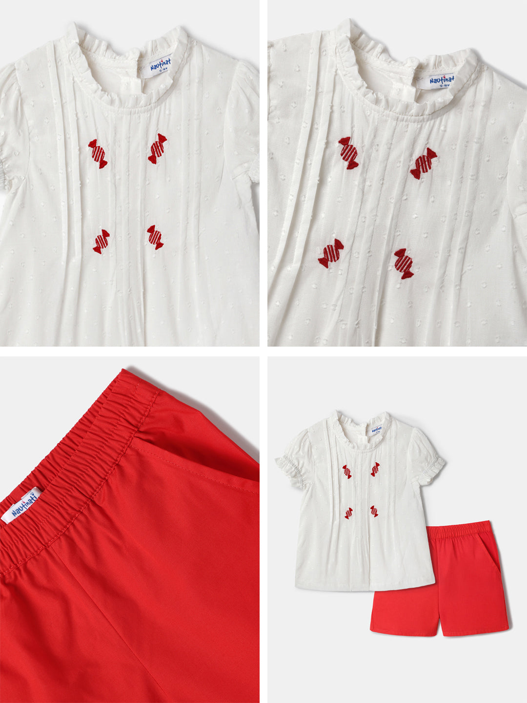 Nautinati Embroidered White Top and Red Shorts Set for Girls