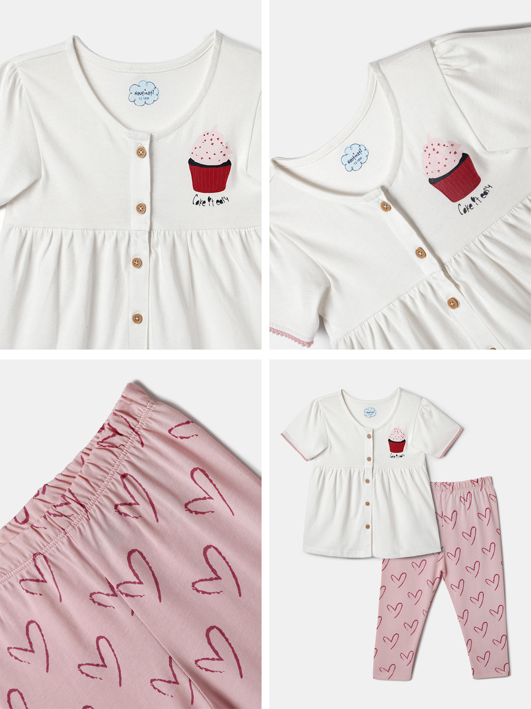 Nautinati White and Pink Printed  Top and Leggings Set for Girls
