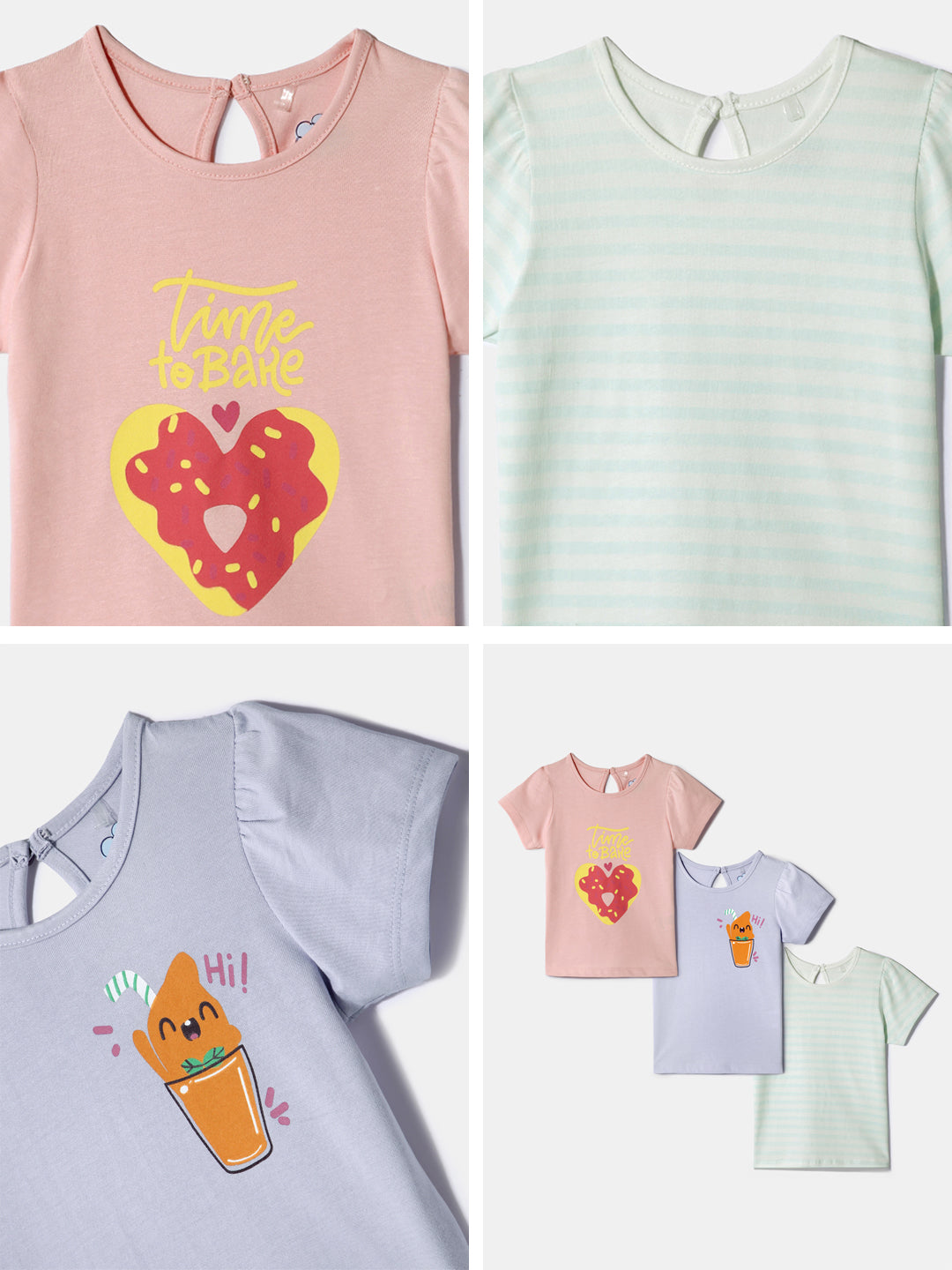Nautinati Girls' Cotton Tops | Pack of 3 | Printed and Striped| Age 0 - 2 Years