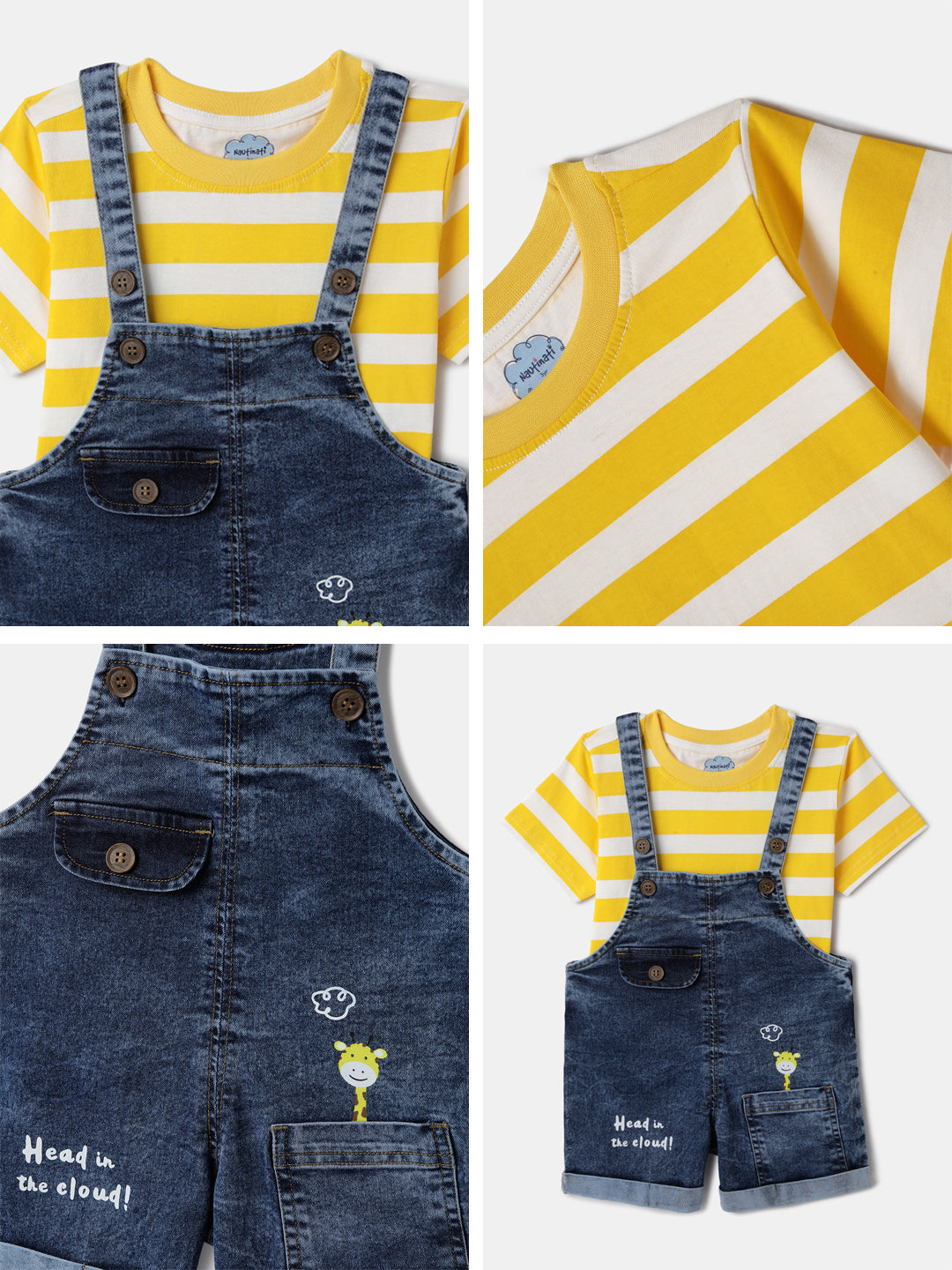 Nautinati Striped Yellow T-shirt and Blue Denim Dungaree Set for Boys