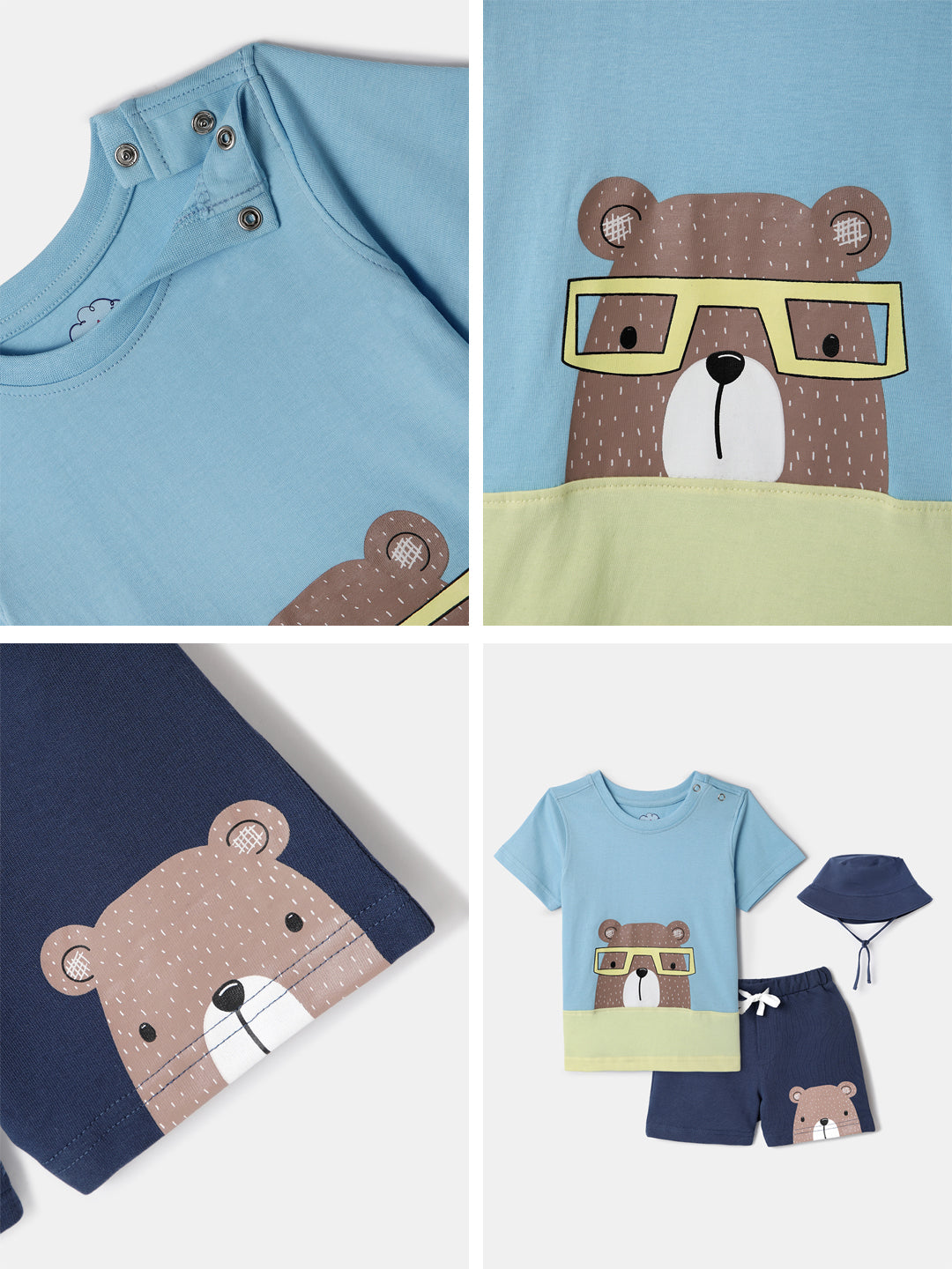 Nautinati Blue Colourblocked and Bear Print  T-shirt and Shorts Set With Bucket Hat for Boys