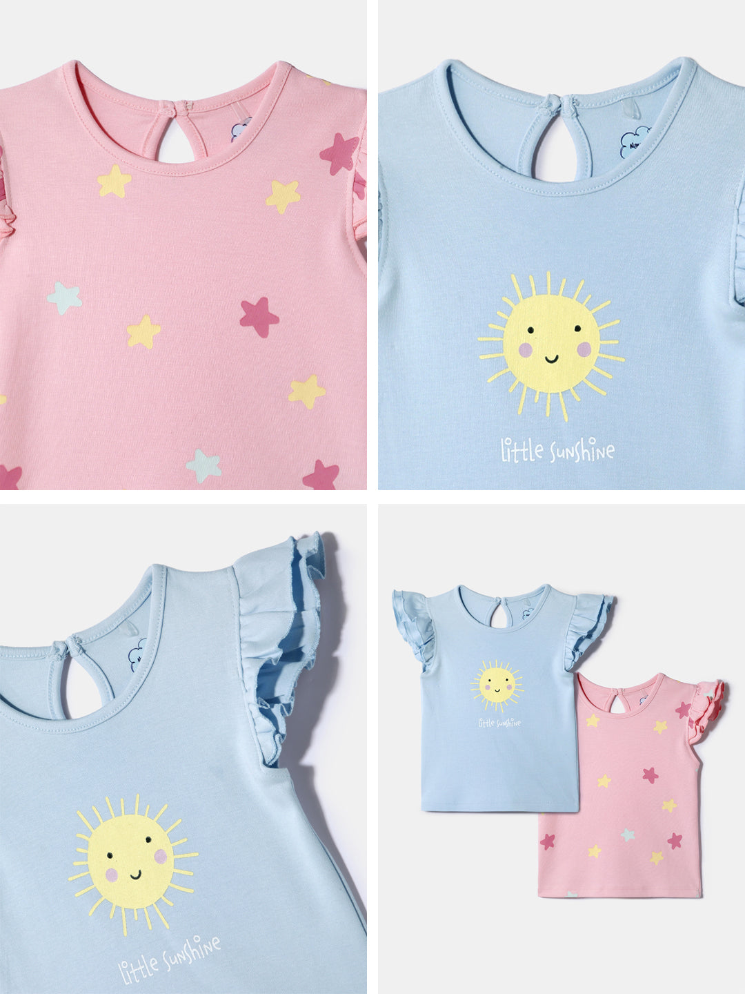Nautinati Girls' 100% Cotton Printed Tops | Pack of 2 | Age 0 - 2 Years