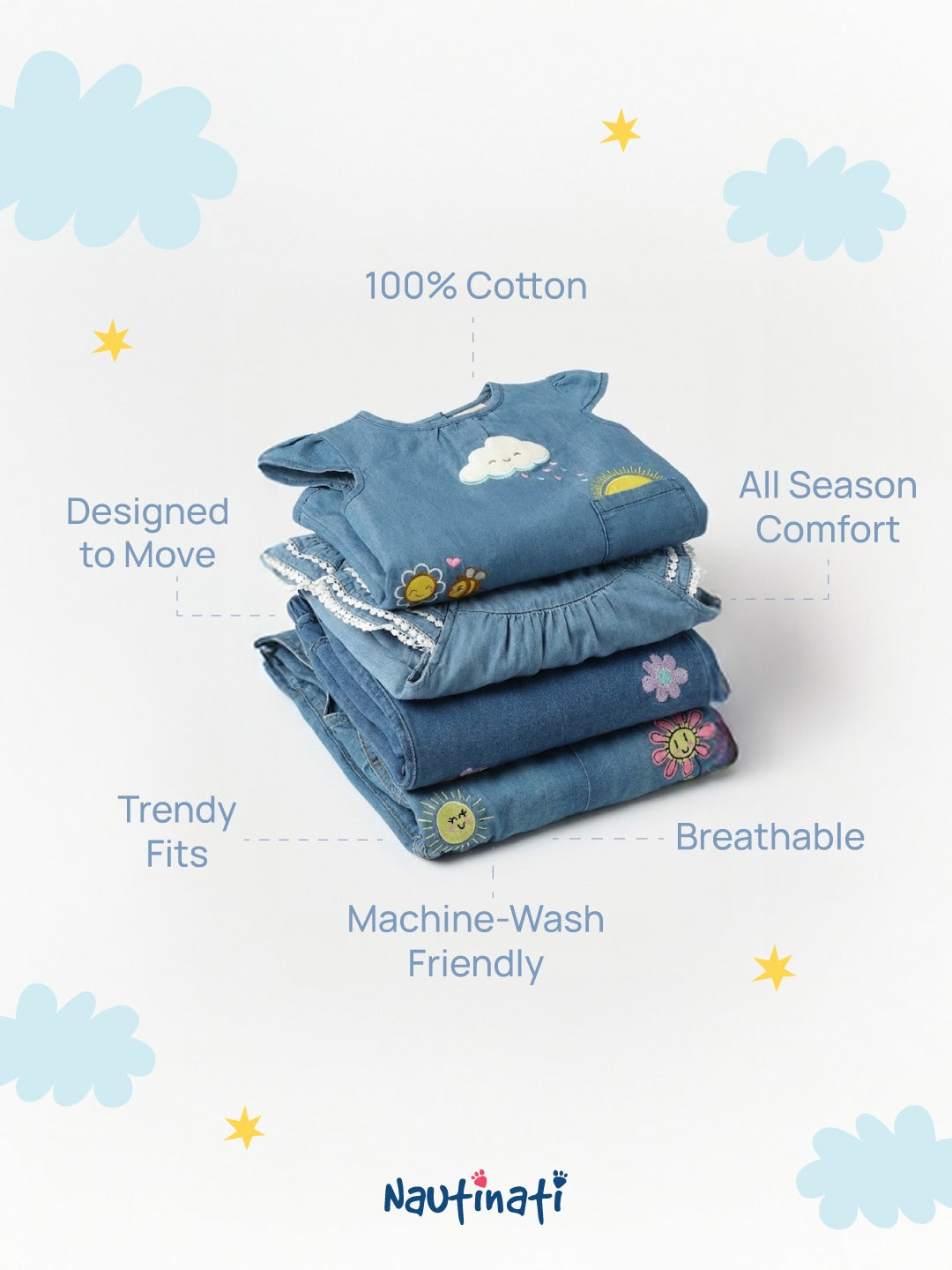 Nautinati Girls' Flower, Sun & Bees Embroidered Denim Dungaree