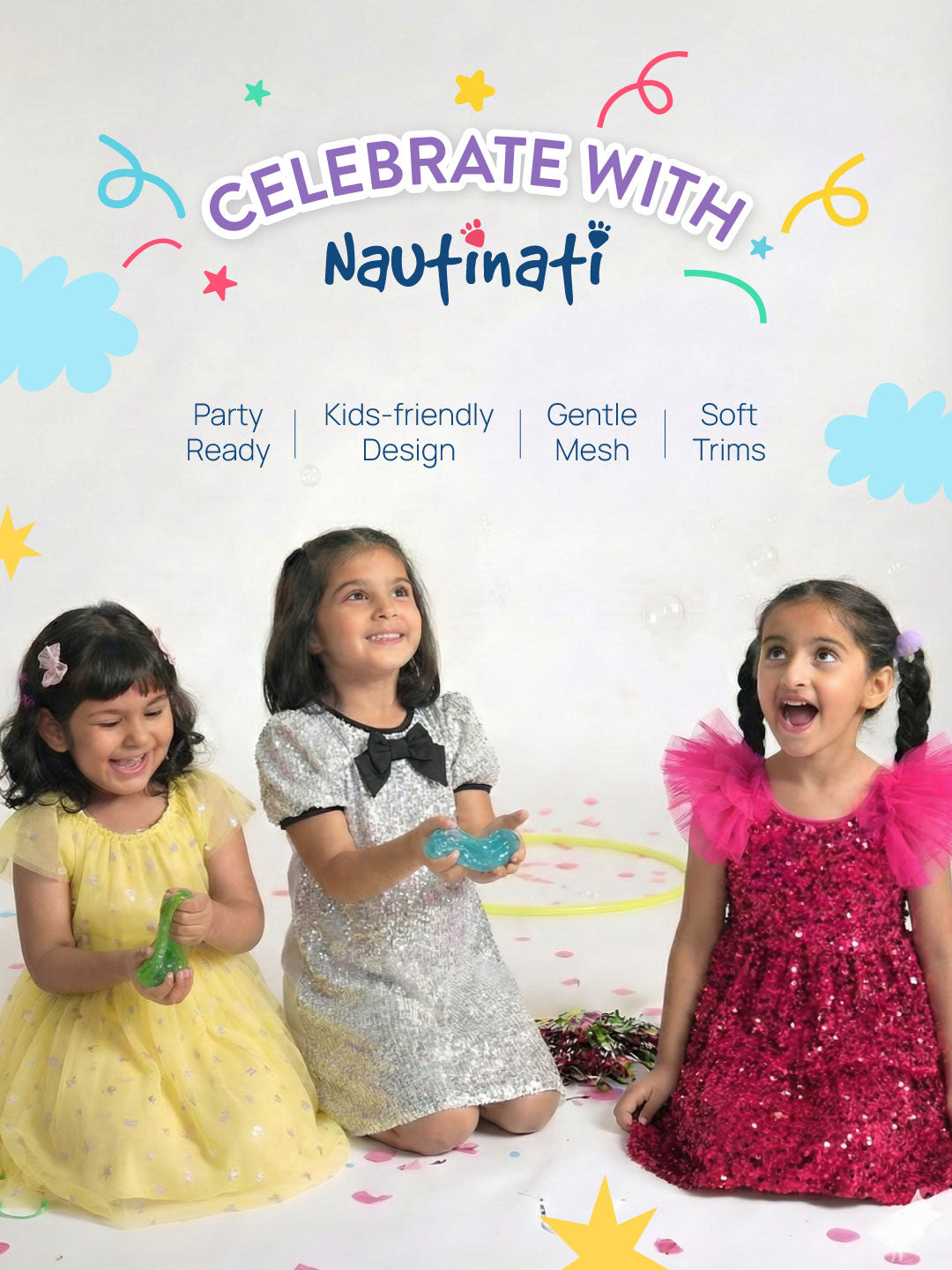 Nautinati Girls' Fit & Flare Flamingo & Floral Print Net Dress with a Bow at Back & Rainbow Embroidery