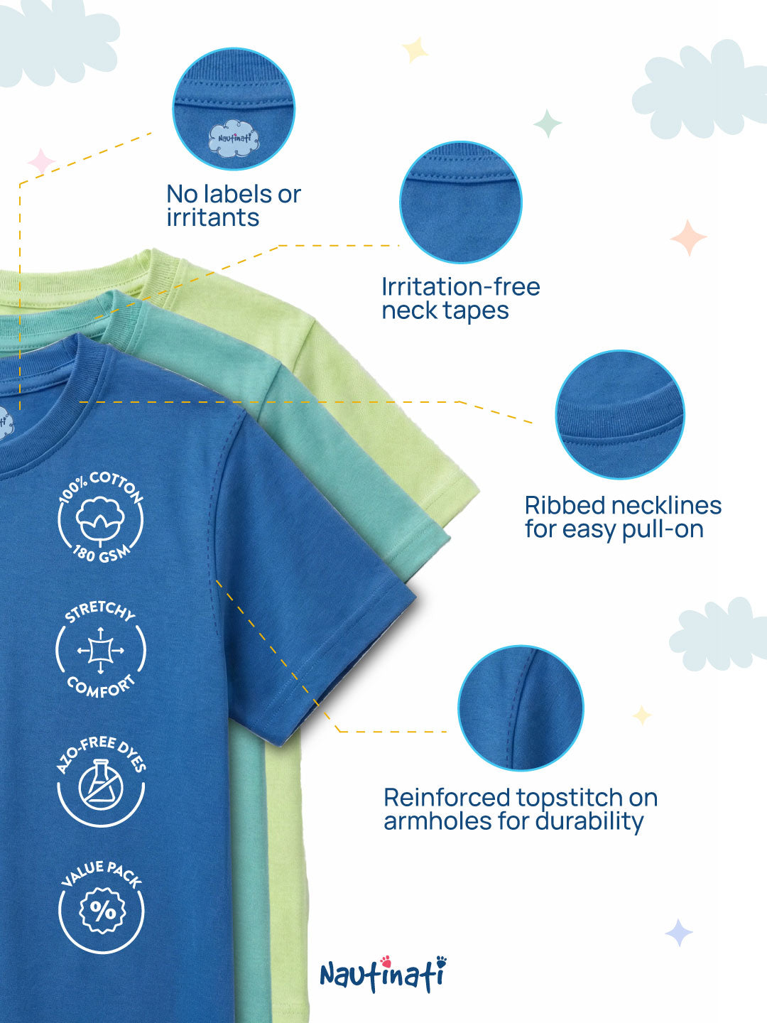 Nautinati Boys' Cotton Whale Printed Pack of 3 T-shirts