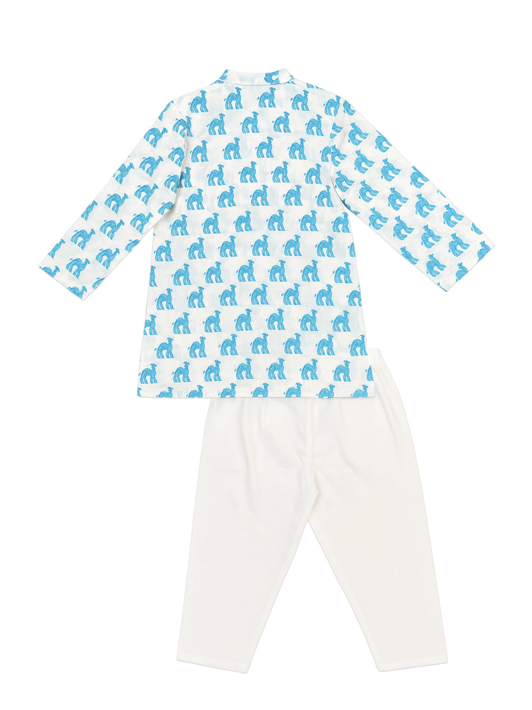 Nautinati Cream & Blue Festive Block-print Kurta and Pyjama Set for Boys