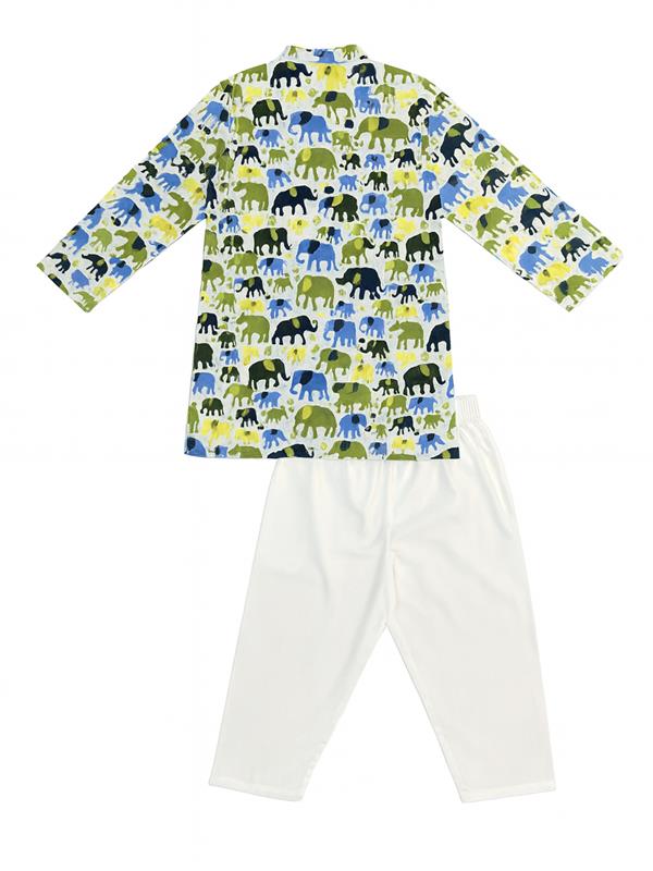 Nautinati White Festive Block-print Kurta and Pyjama Set for Boys