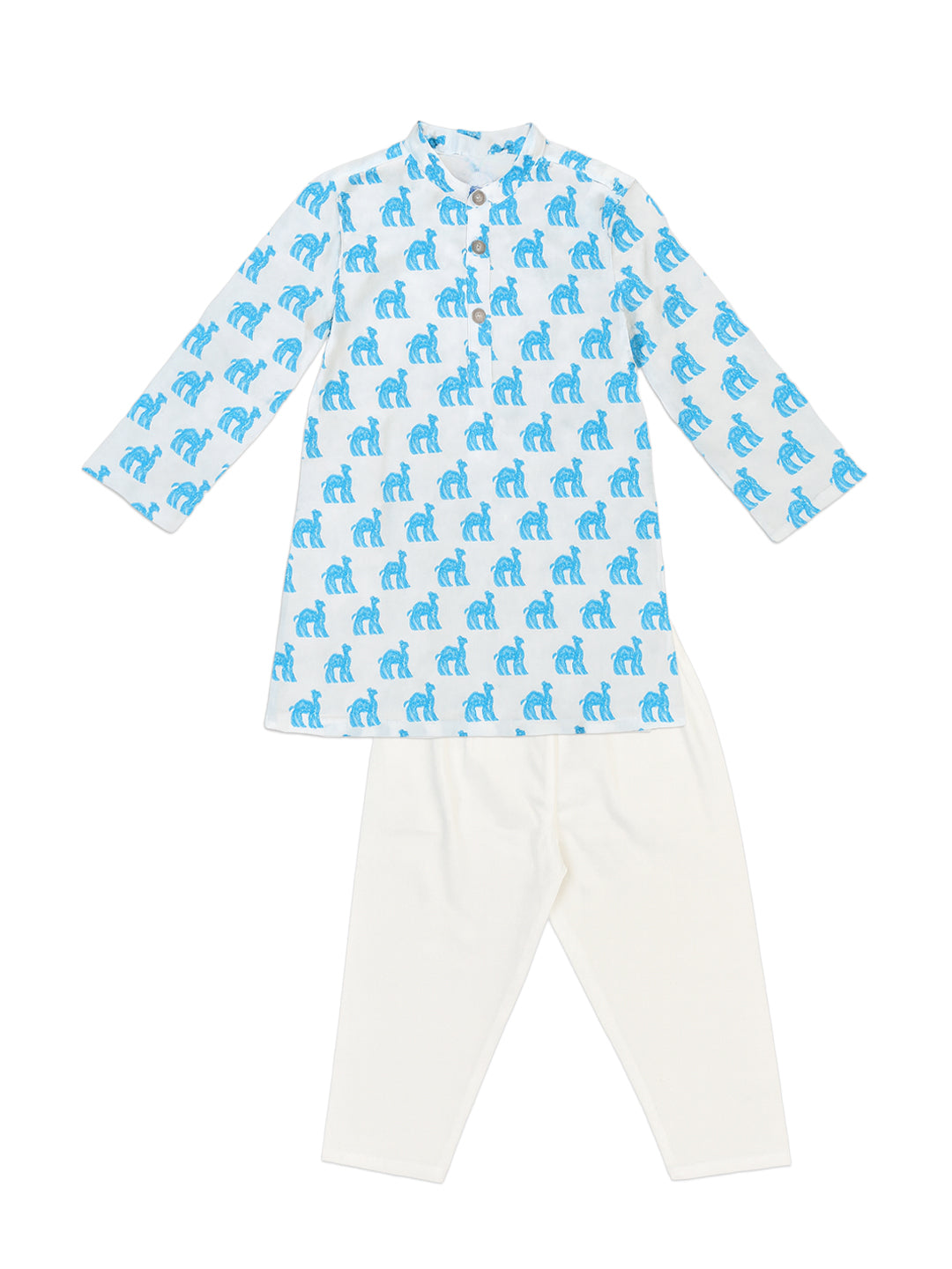 Nautinati Cream & Blue Festive Block-print Kurta and Pyjama Set for Boys