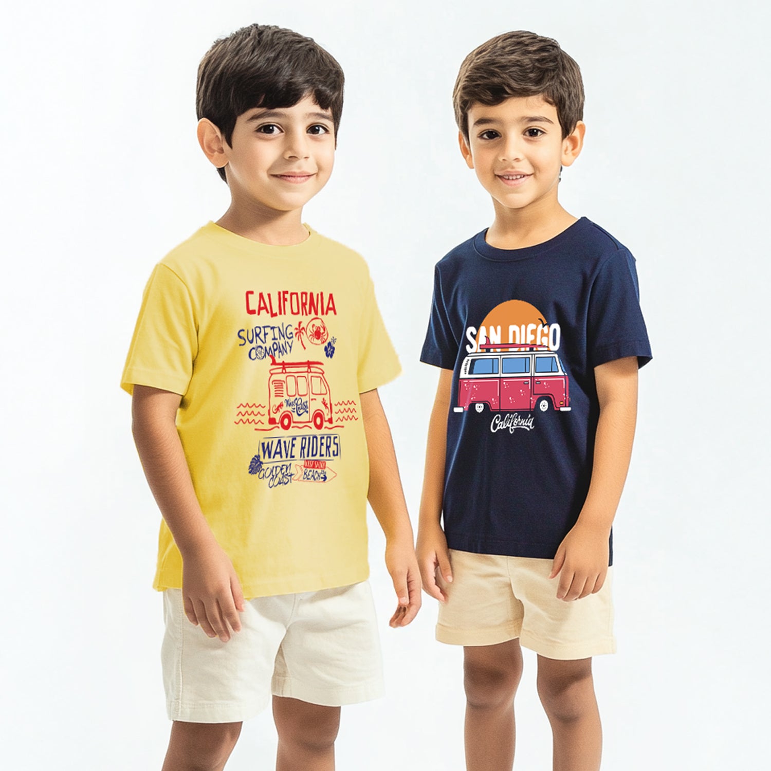 Nautinati Boys' Pack of 2 Cotton Beach Print Rib Collar T-shirts