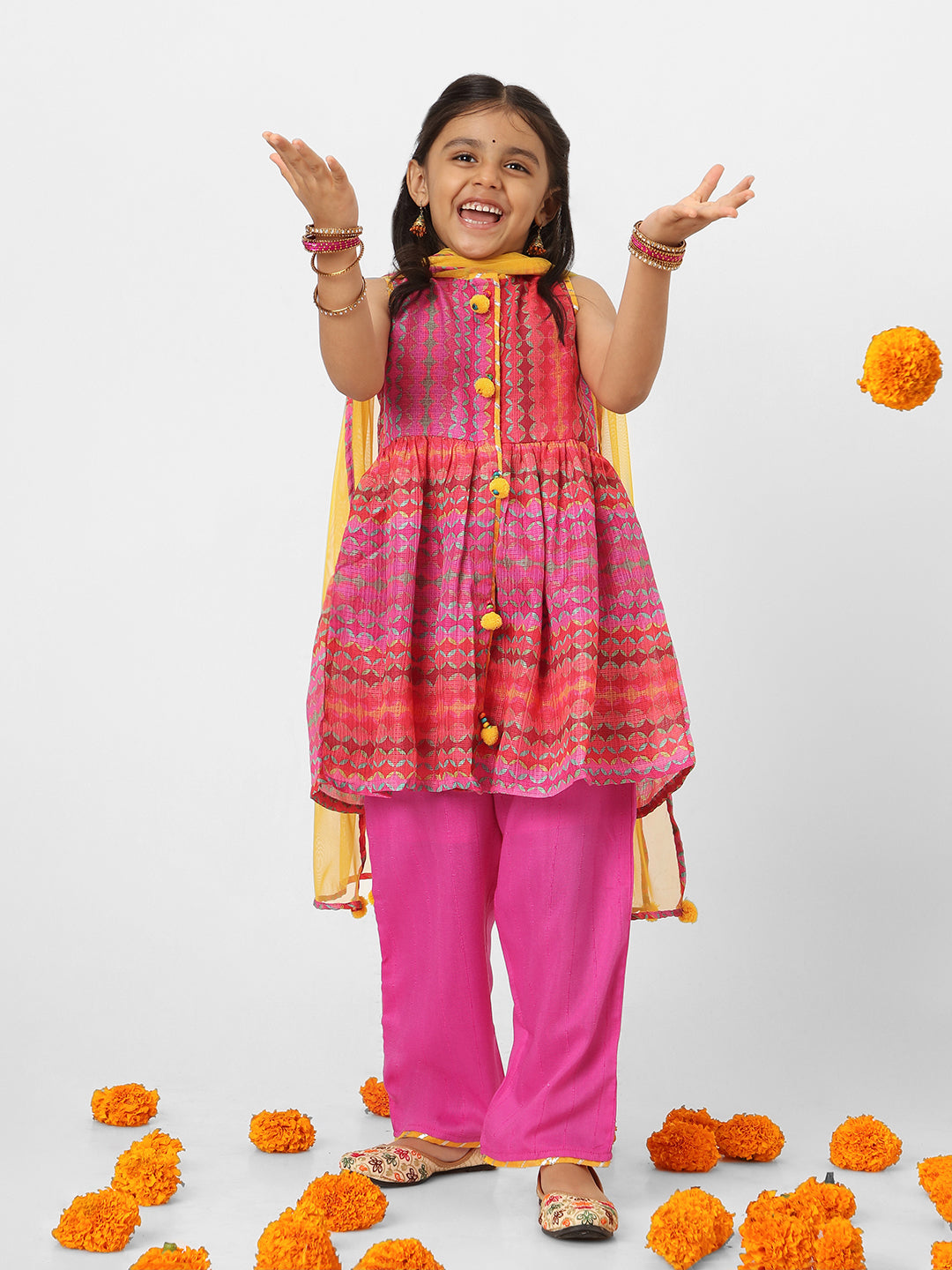 Nautinati Girls' Printed Sleeveless Kurta Set with Dupatta