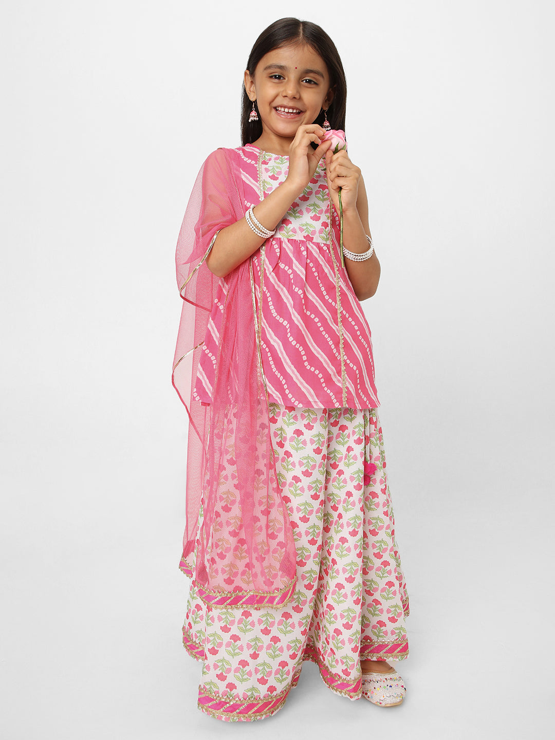 Nautinati Girls' Printed Sleeveless Kurta Set with Dupatta