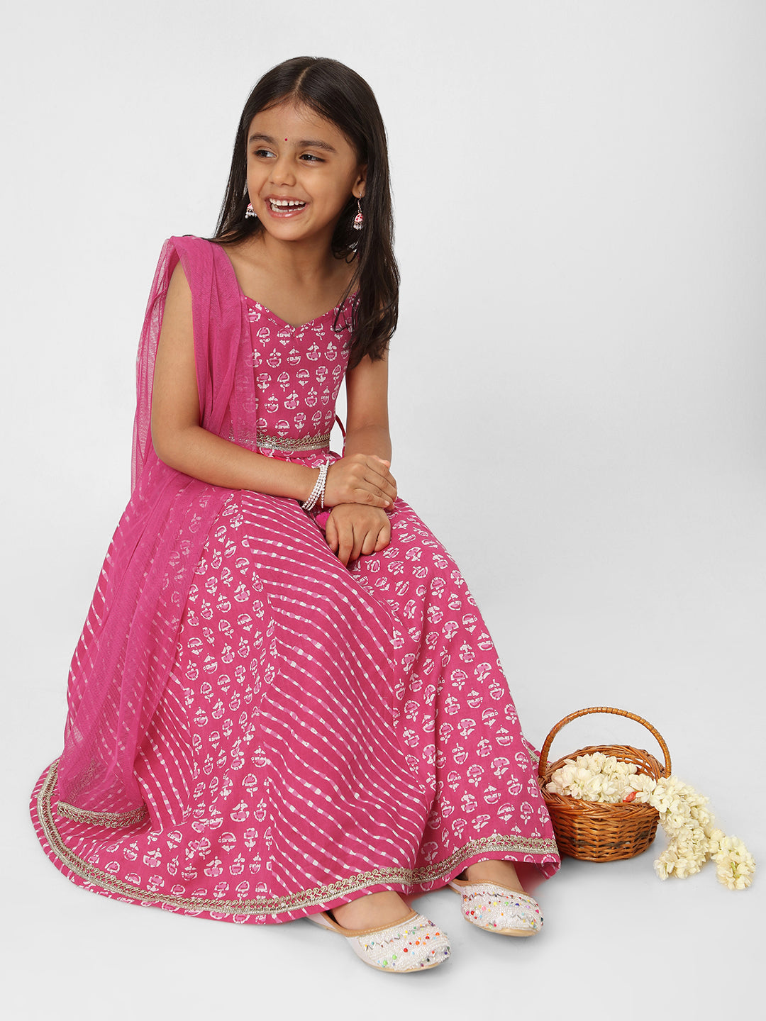 Nautinati Girls' Printed Sleeveless Pink Lehenga Set with Dupatta