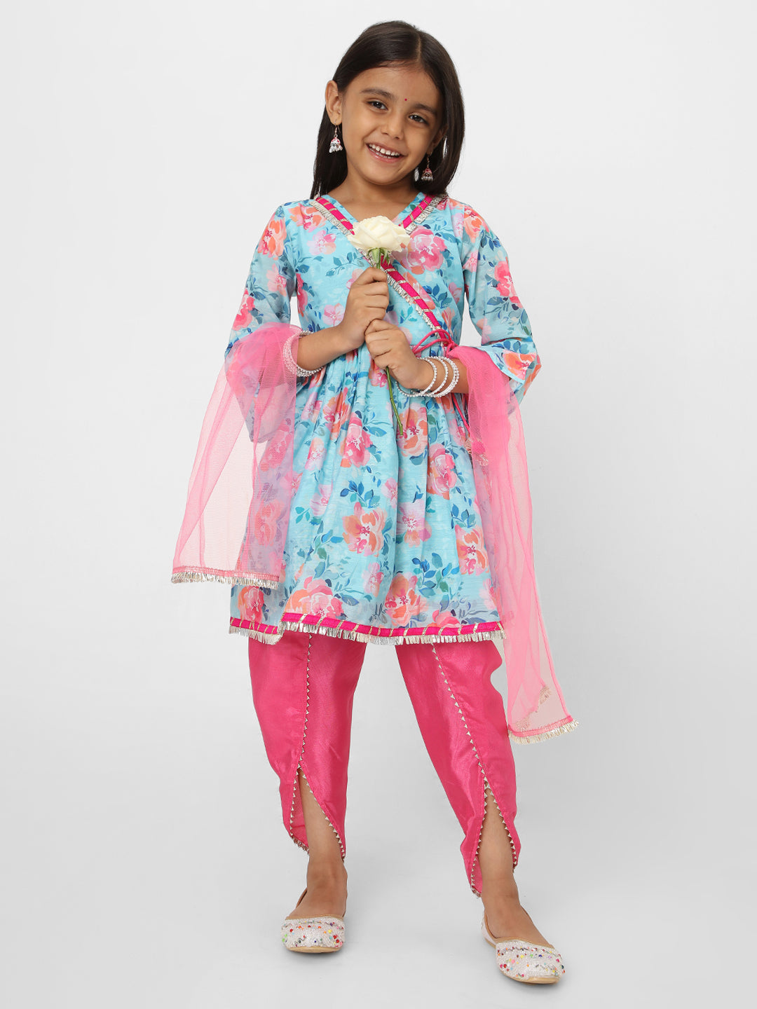 Nautinati Girls' Printed Chanderi Kurta Set with Dupatta