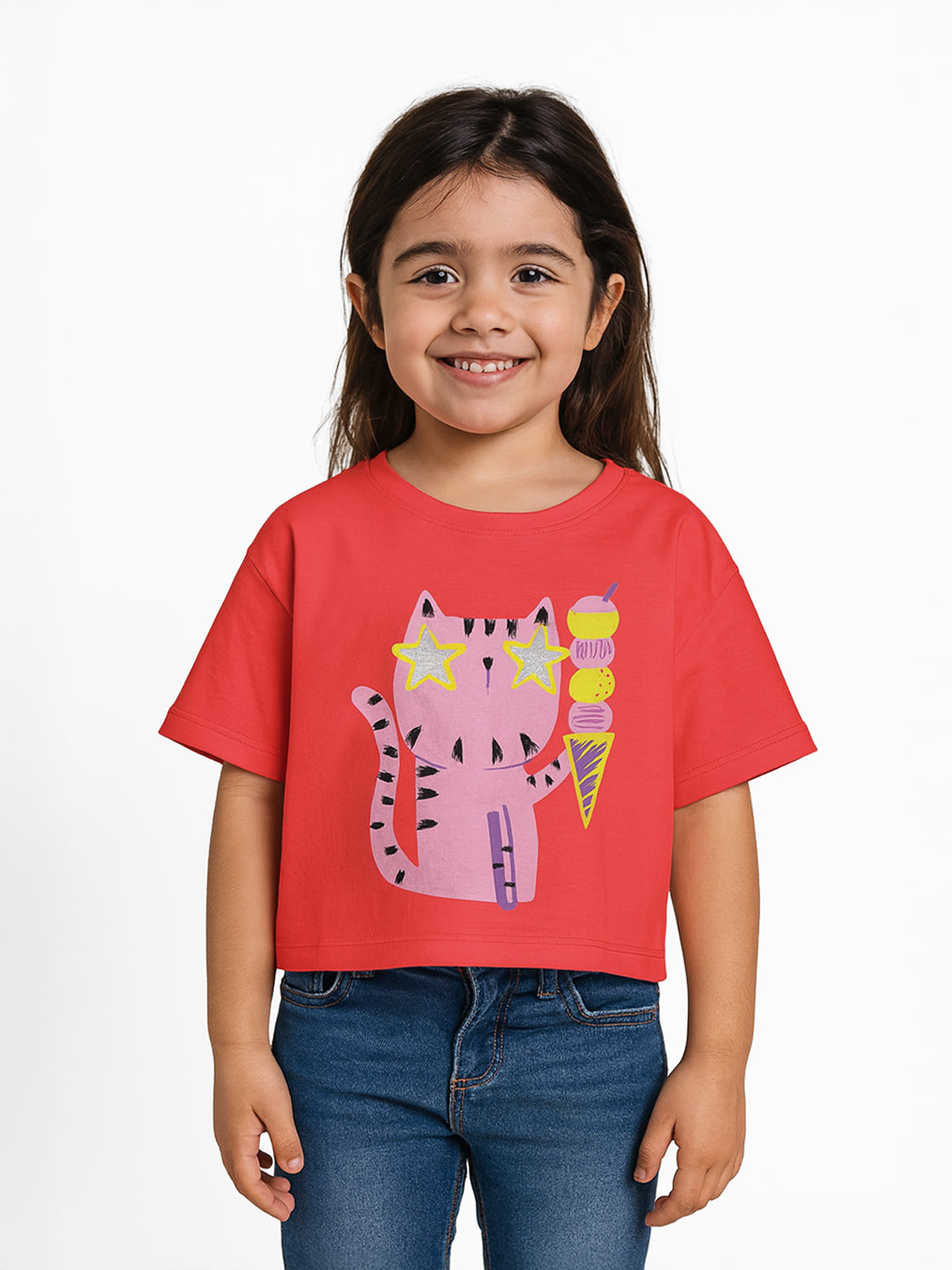 Girls Graphic Print Cotton T-shirt | Crop T-shirt for 4-8 Years | Cat Graphic Print
