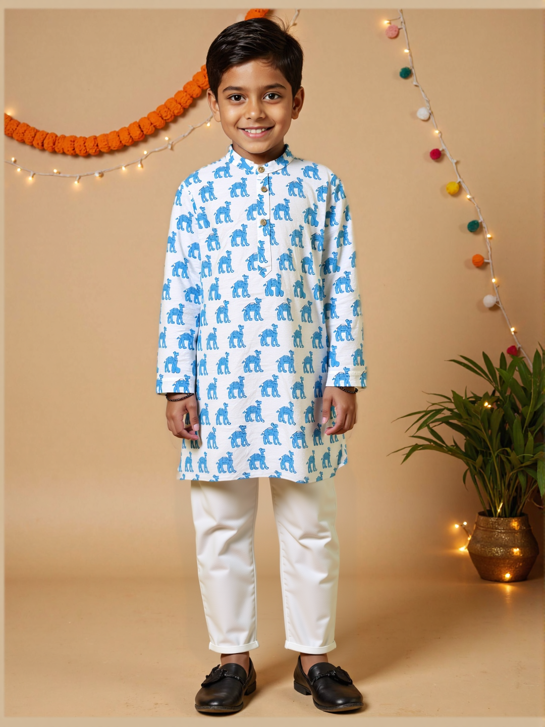 Nautinati Cream & Blue Festive Block-print Kurta and Pyjama Set for Boys