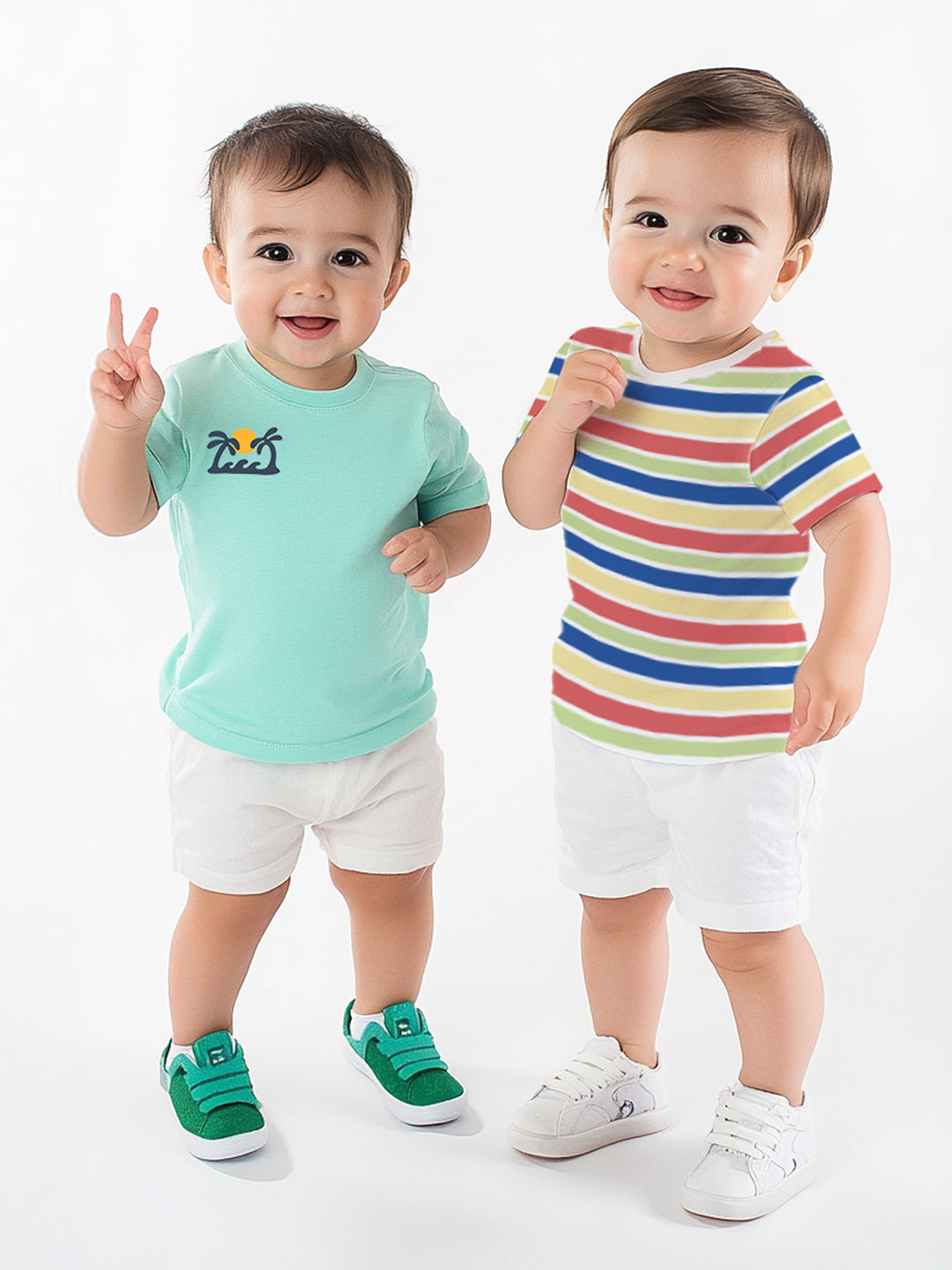 Nautinati Boys' Pack of 2 Cotton Beach Graphic Printed and Striped T-shirts