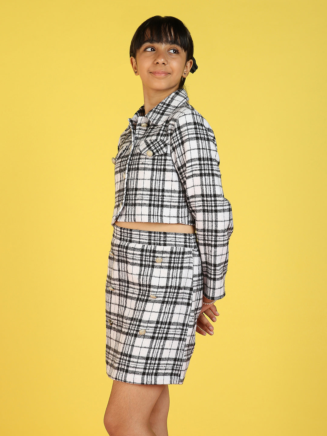 Girls Checked Polo Collar Pure Cotton Coat with Skirt