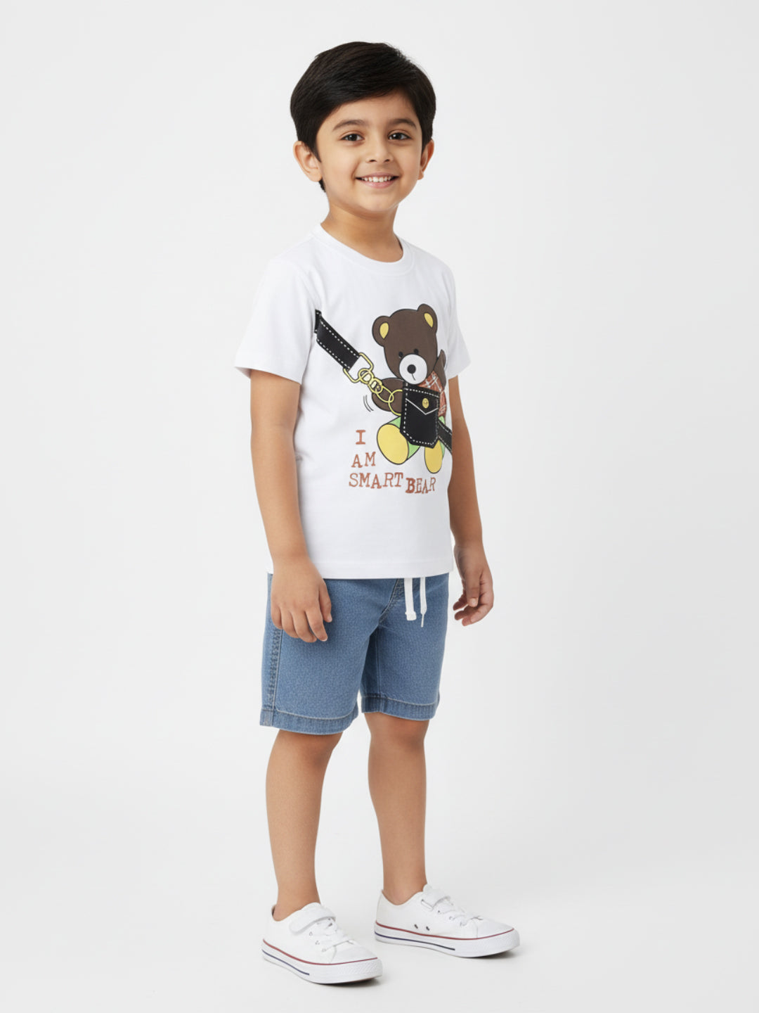 Nauti Nati Boys White-Blue Graphic Printed T-Shirt with Shorts