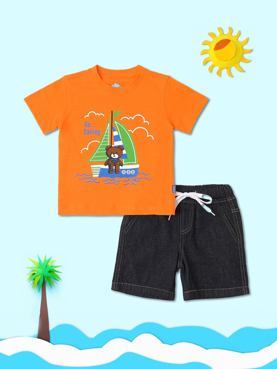 Nauti Nati Boys Orange-Blue Graphic Printed T-Shirt with Shorts