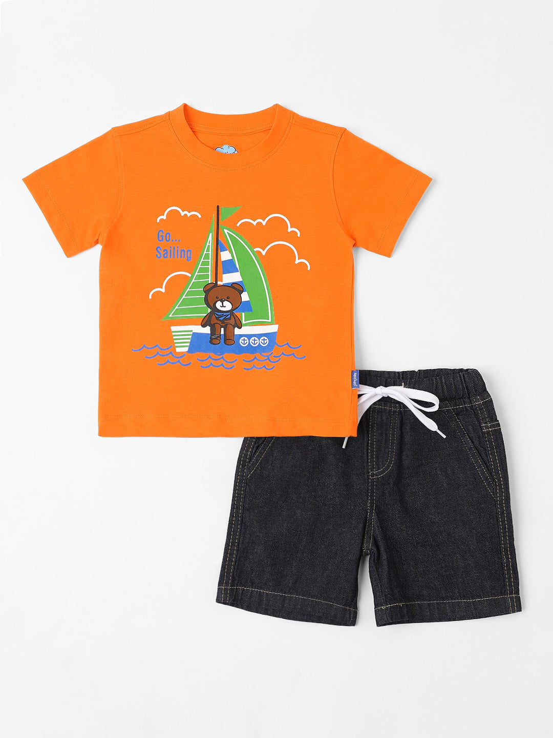 Nauti Nati Boys Orange-Blue Graphic Printed T-Shirt with Shorts