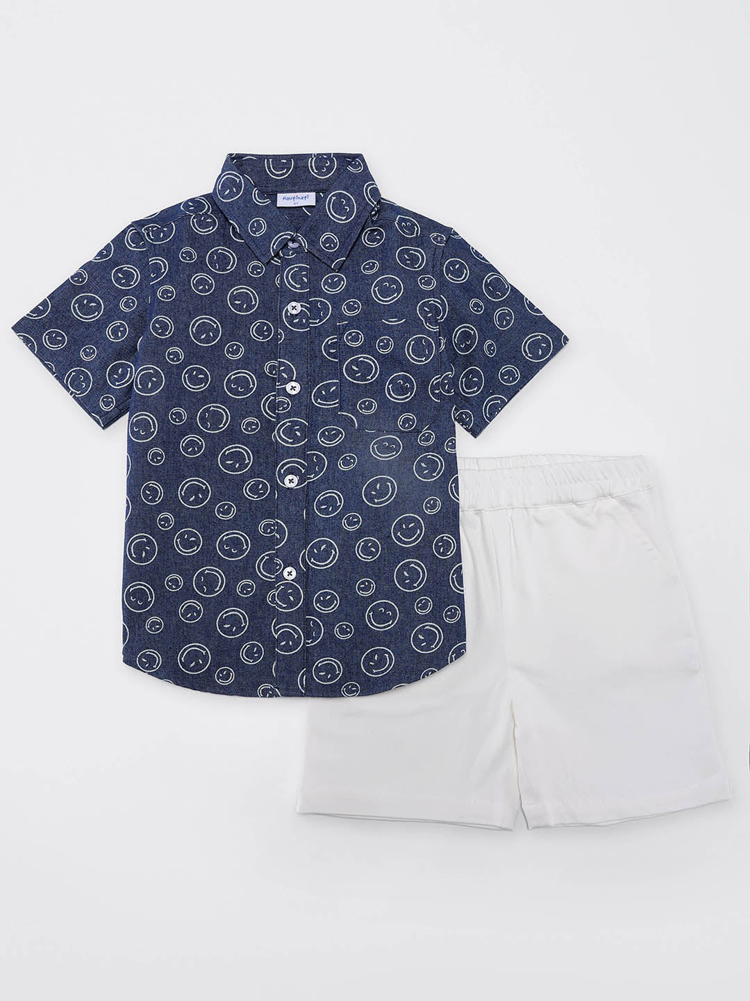 Nautinati Boys Blue Smiley Print Denim Full Sleeve Shirt with White Cotton Shorts