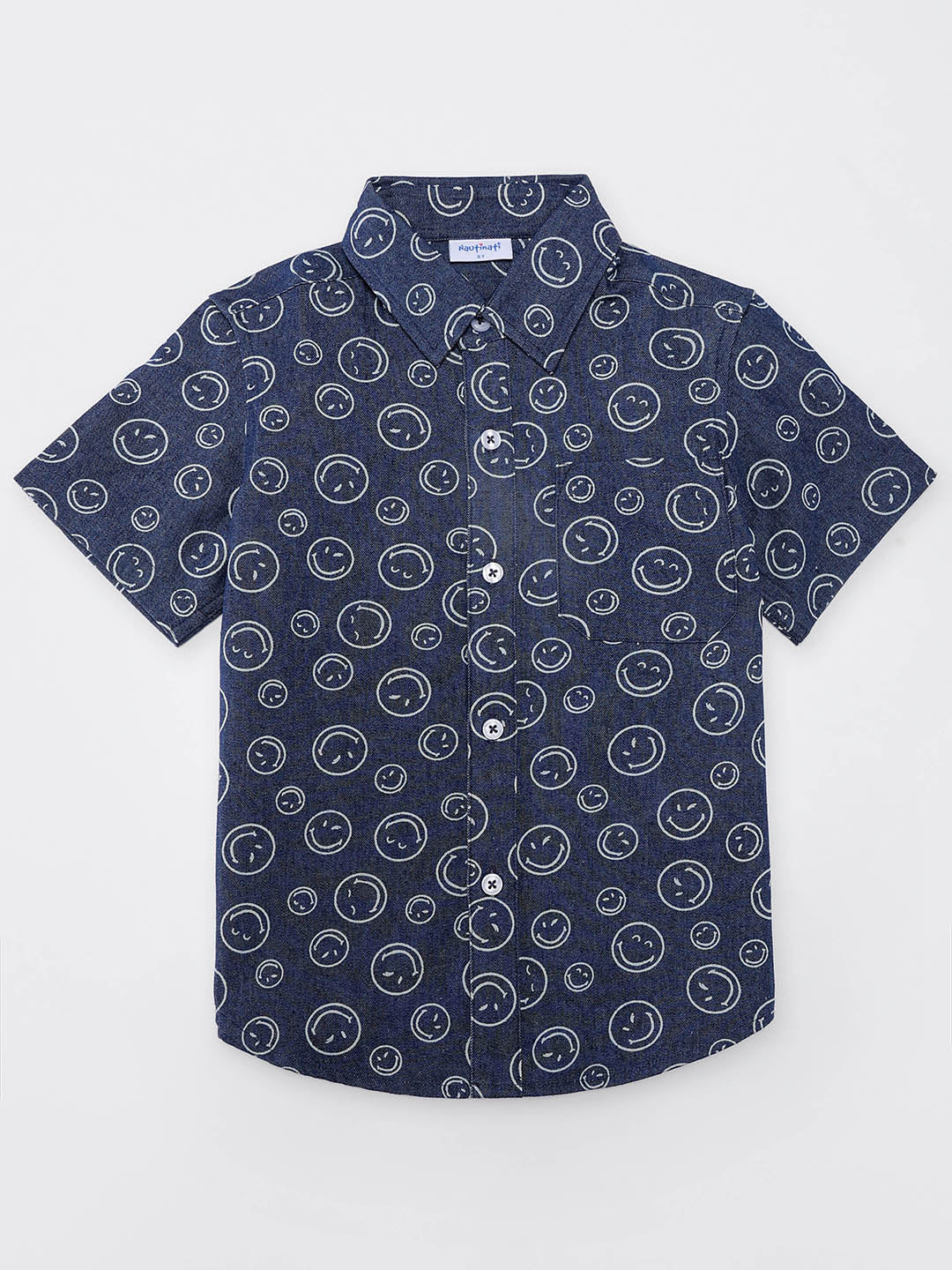 Nautinati Boys Blue Smiley Print Denim Full Sleeve Shirt with White Cotton Shorts