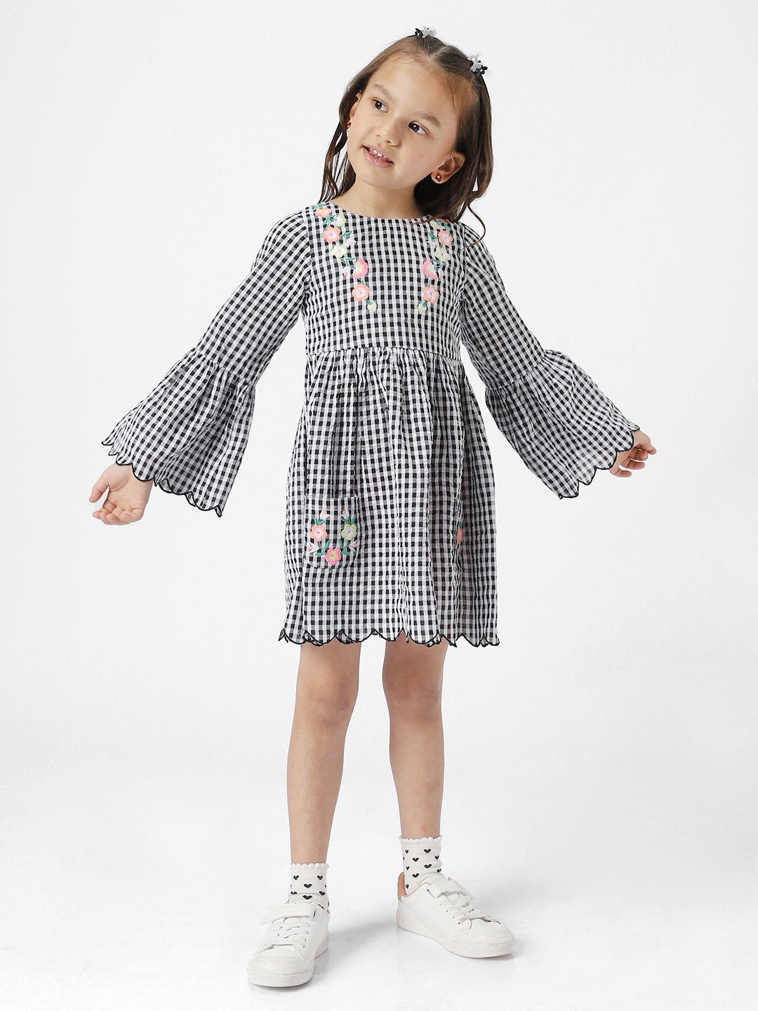 Nautinati Girls' Checked Full Sleeve Dress