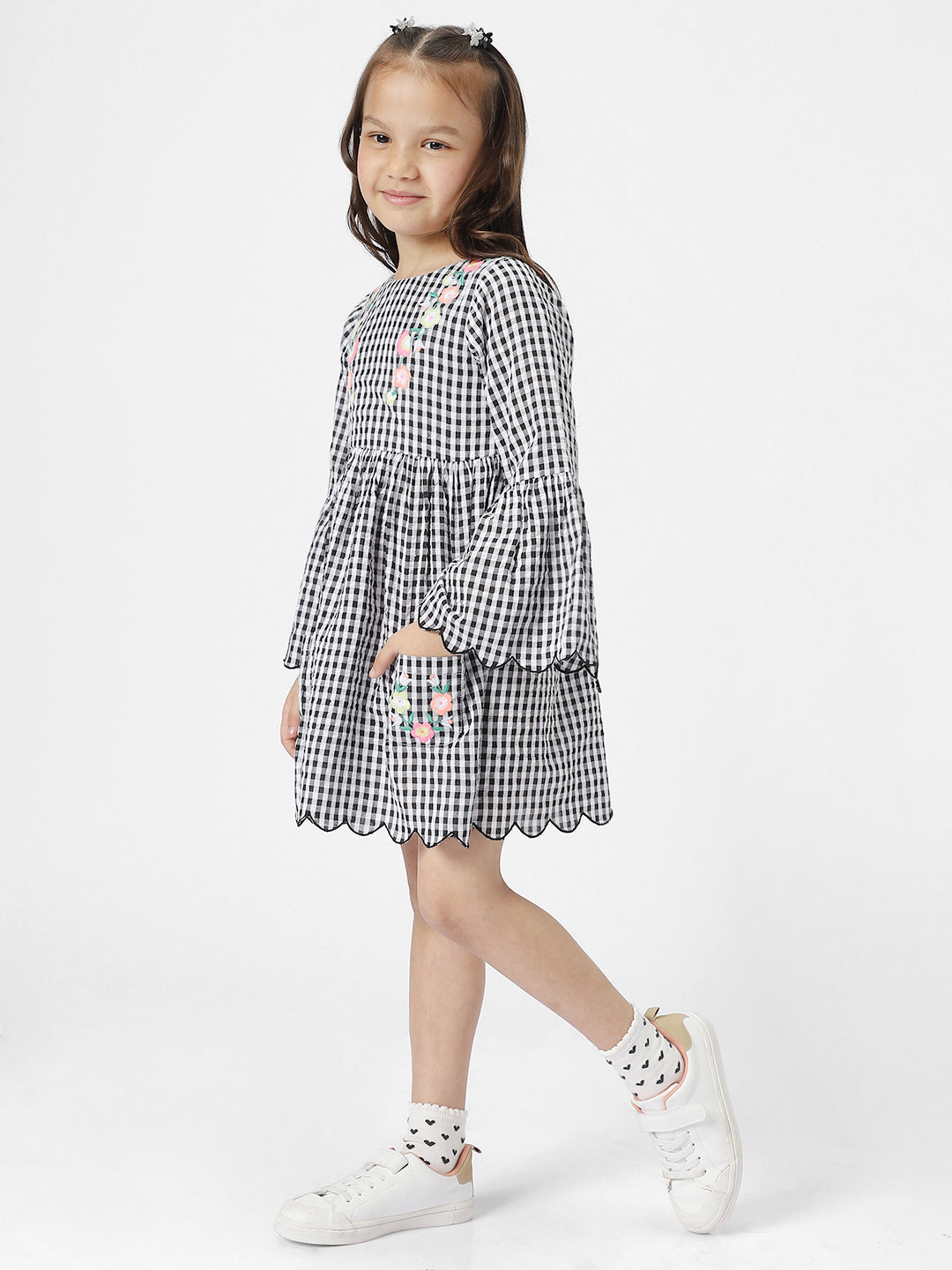 Nautinati Girls' Checked Full Sleeve Dress