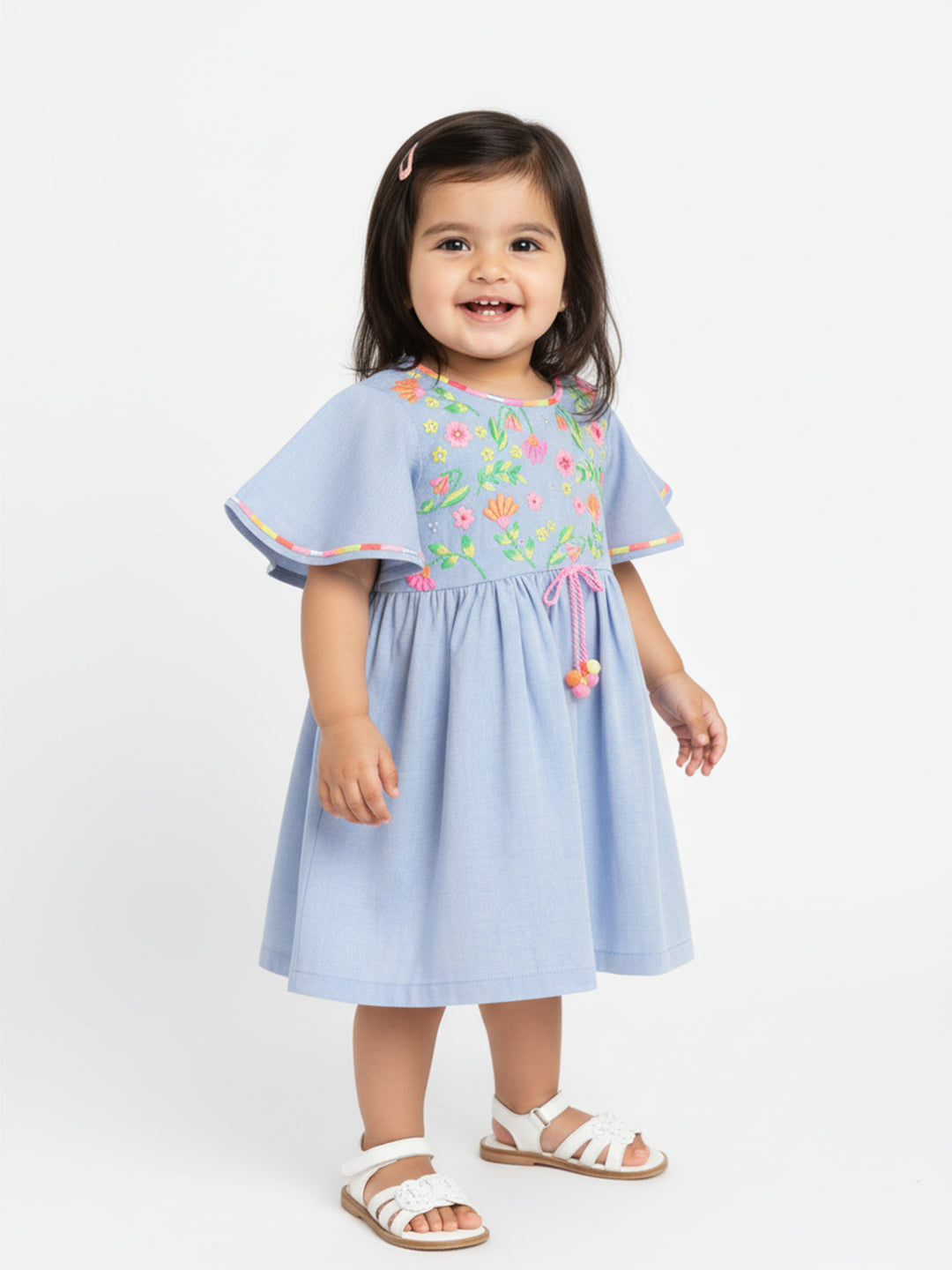 Nautinati Girls Blue Floral Embroidered A-Line Dress