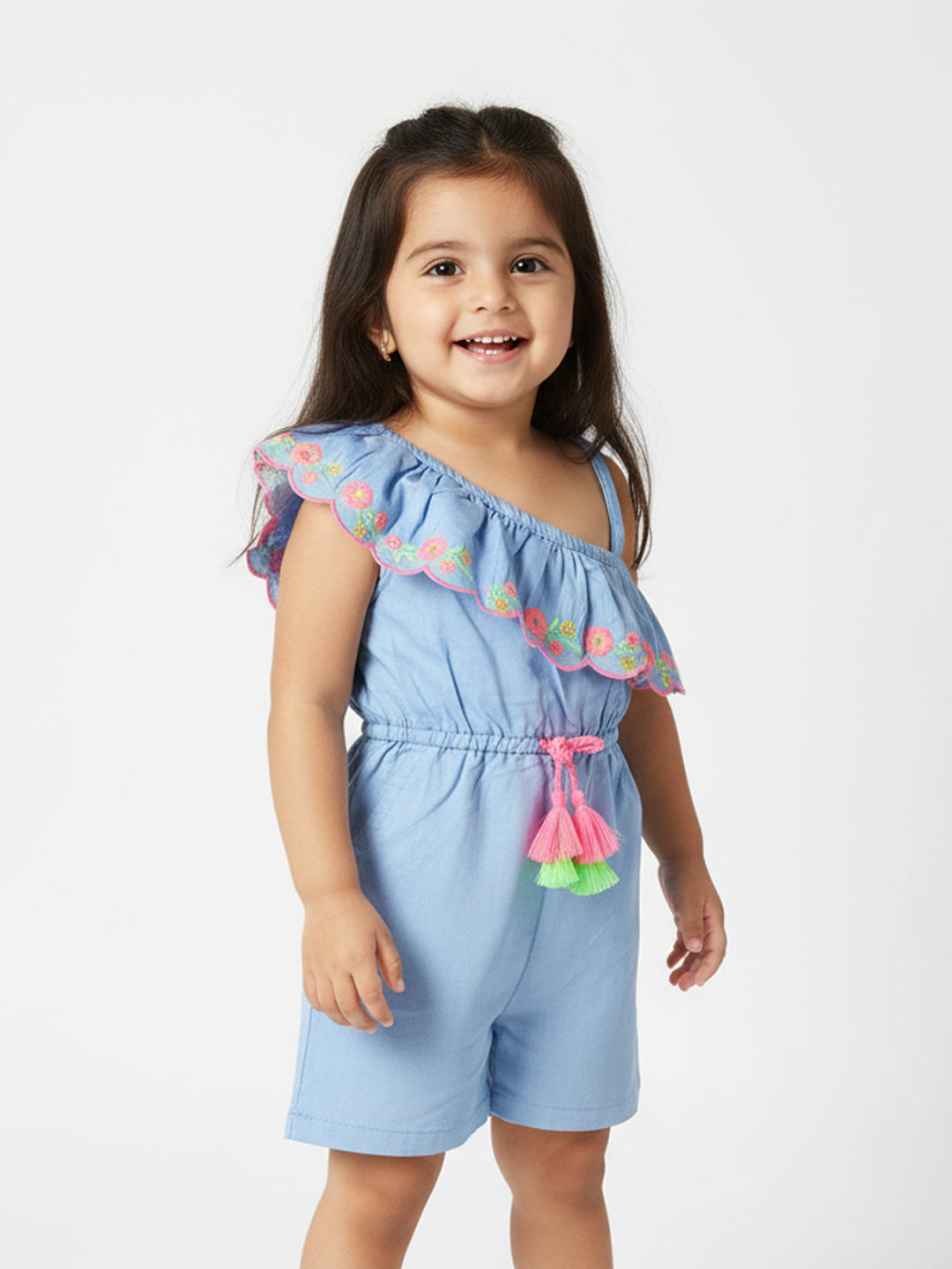 Nautinati Girls Blue Pink Embroidered Detail Playsuit