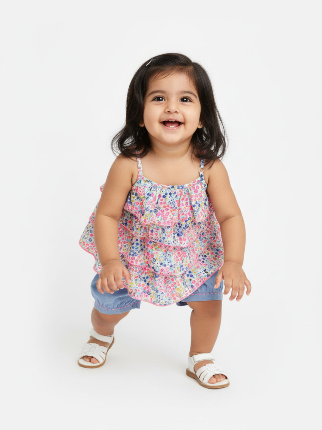 Nautinati Girls White Blue Printed Co-Ords Set