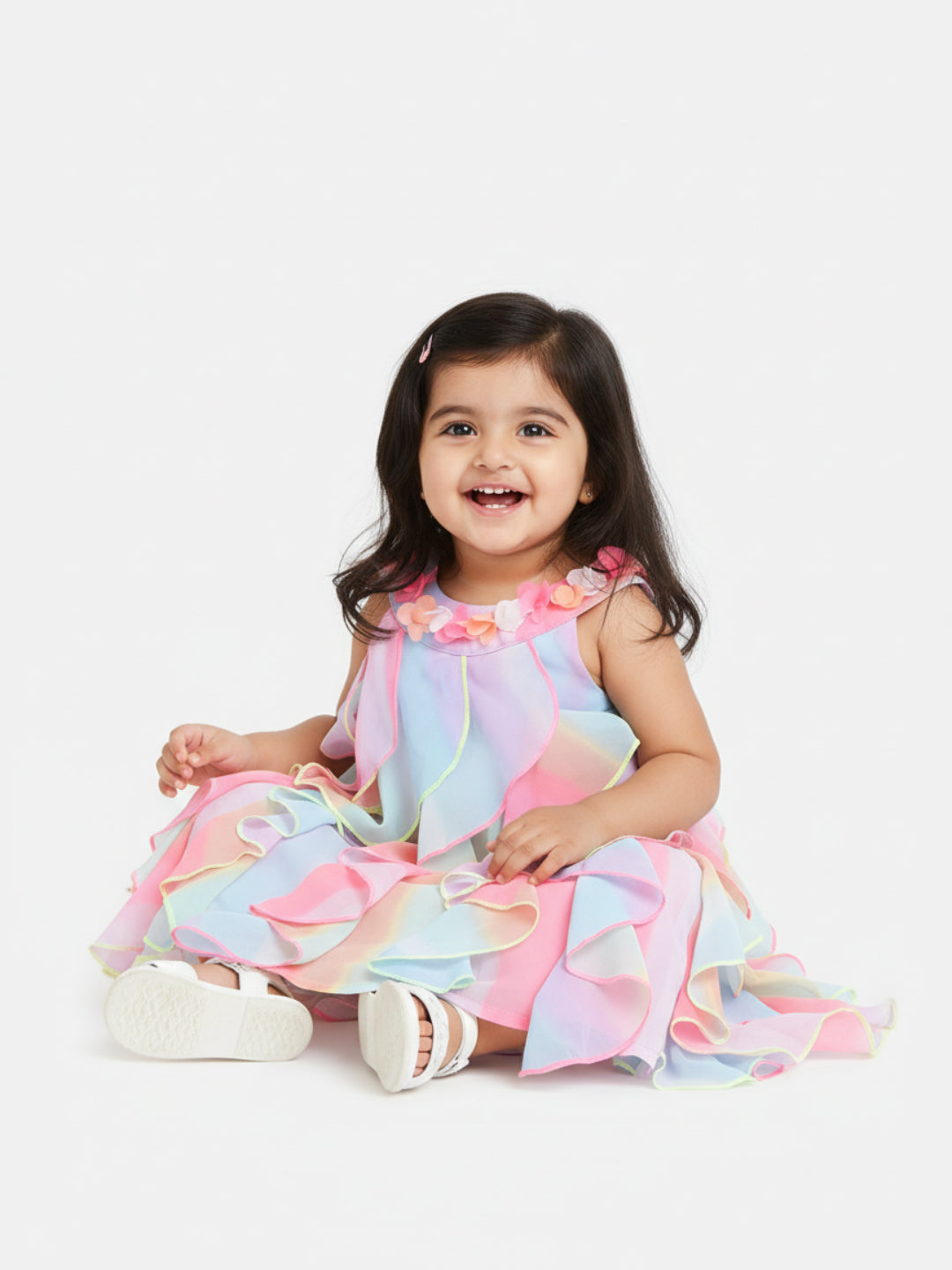 Nautinati Girls Pink Blue Dyed Ruffled A-Line Dress