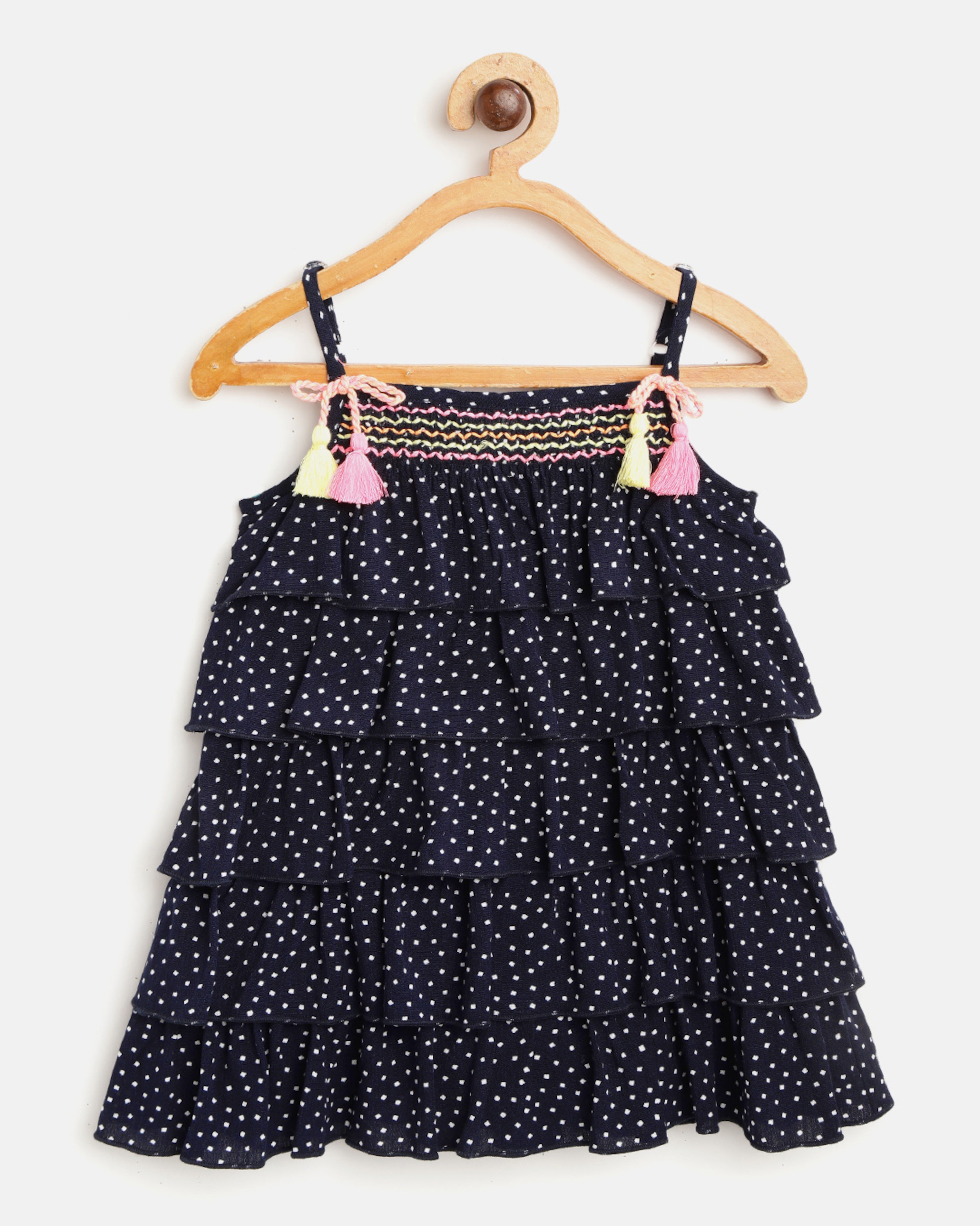 Nauti Nati Girls Navy Blue Printed Layered A-Line Dress with Bow Detail with Tassels