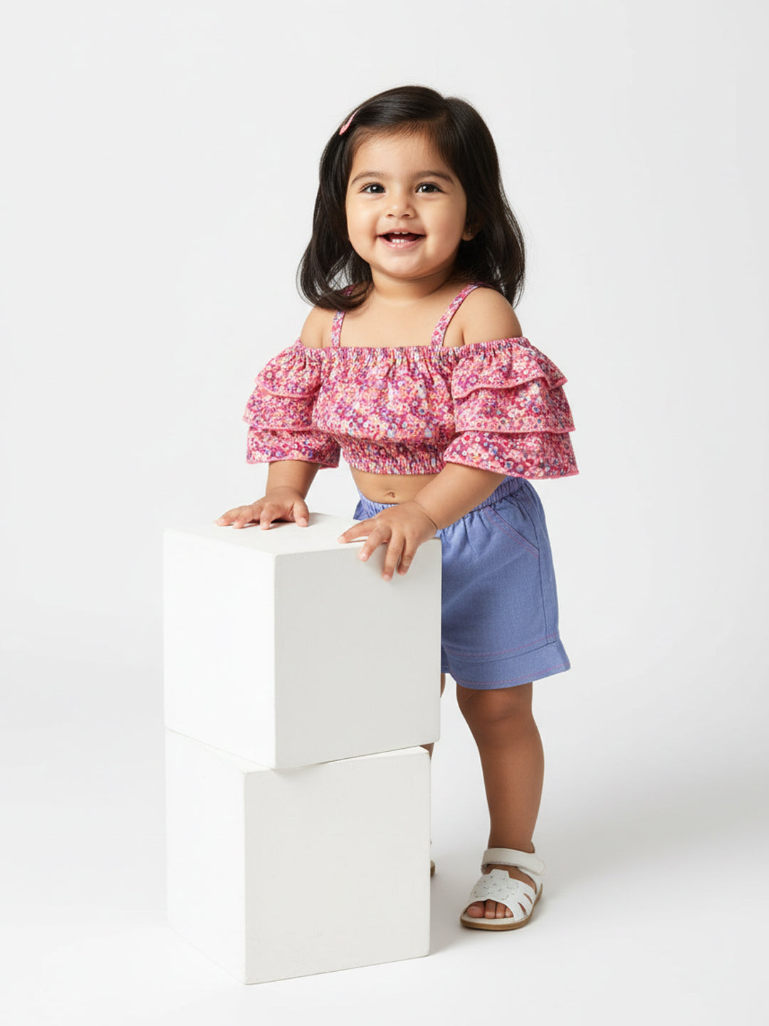 Nautinati Girls Pink Blue Printed Top With Shorts