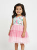 Nautinati Girls' Fit & Flare Flamingo & Floral Print Net Dress with a Bow at Back & Rainbow Embroidery