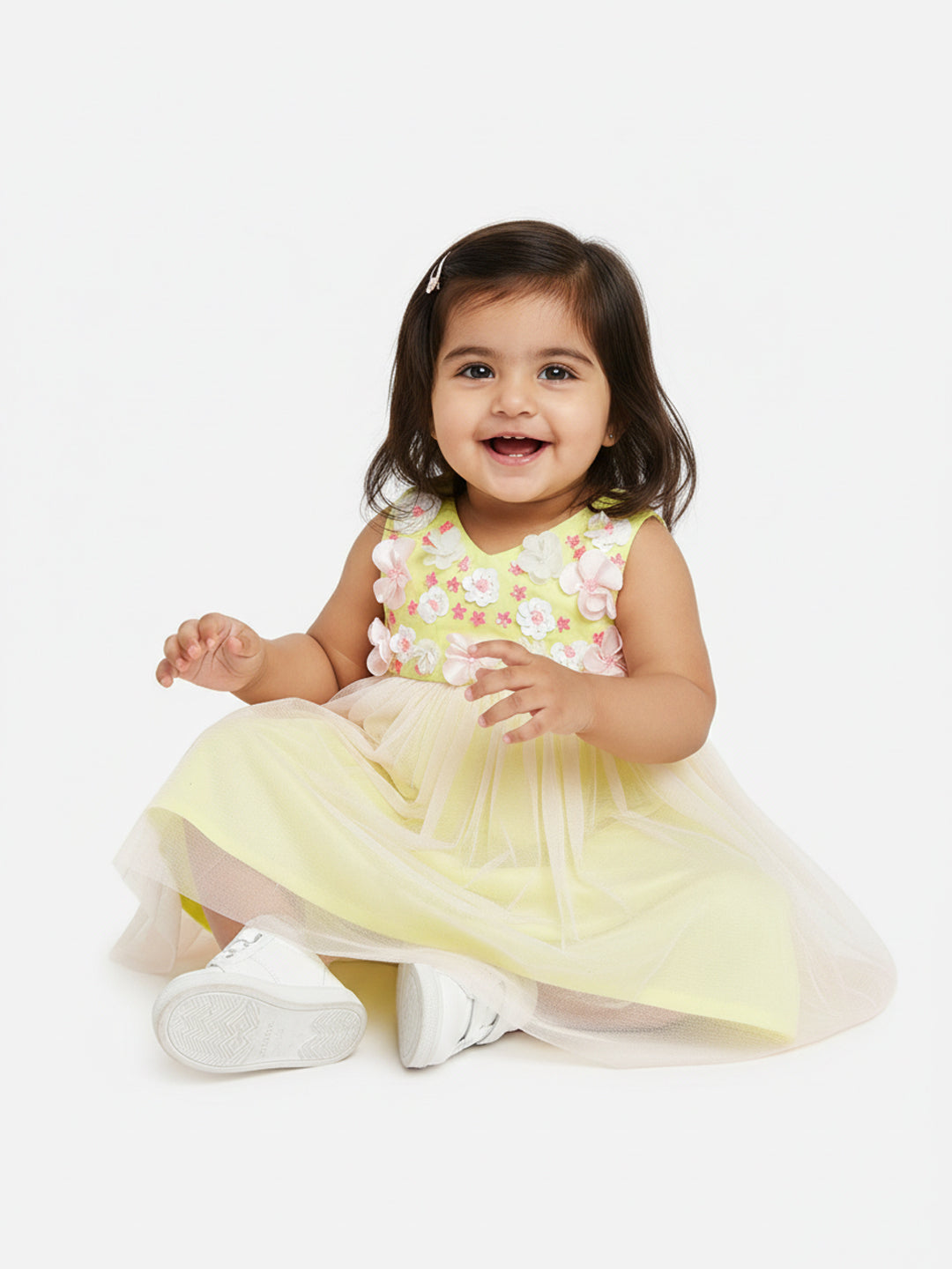 Nautinati Girls Yellow Embellished Cotton Net Dress
