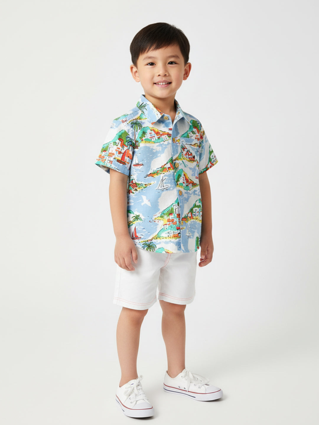 Nautinati Boys Blue White Printed Pure Cotton Shirt With Shorts