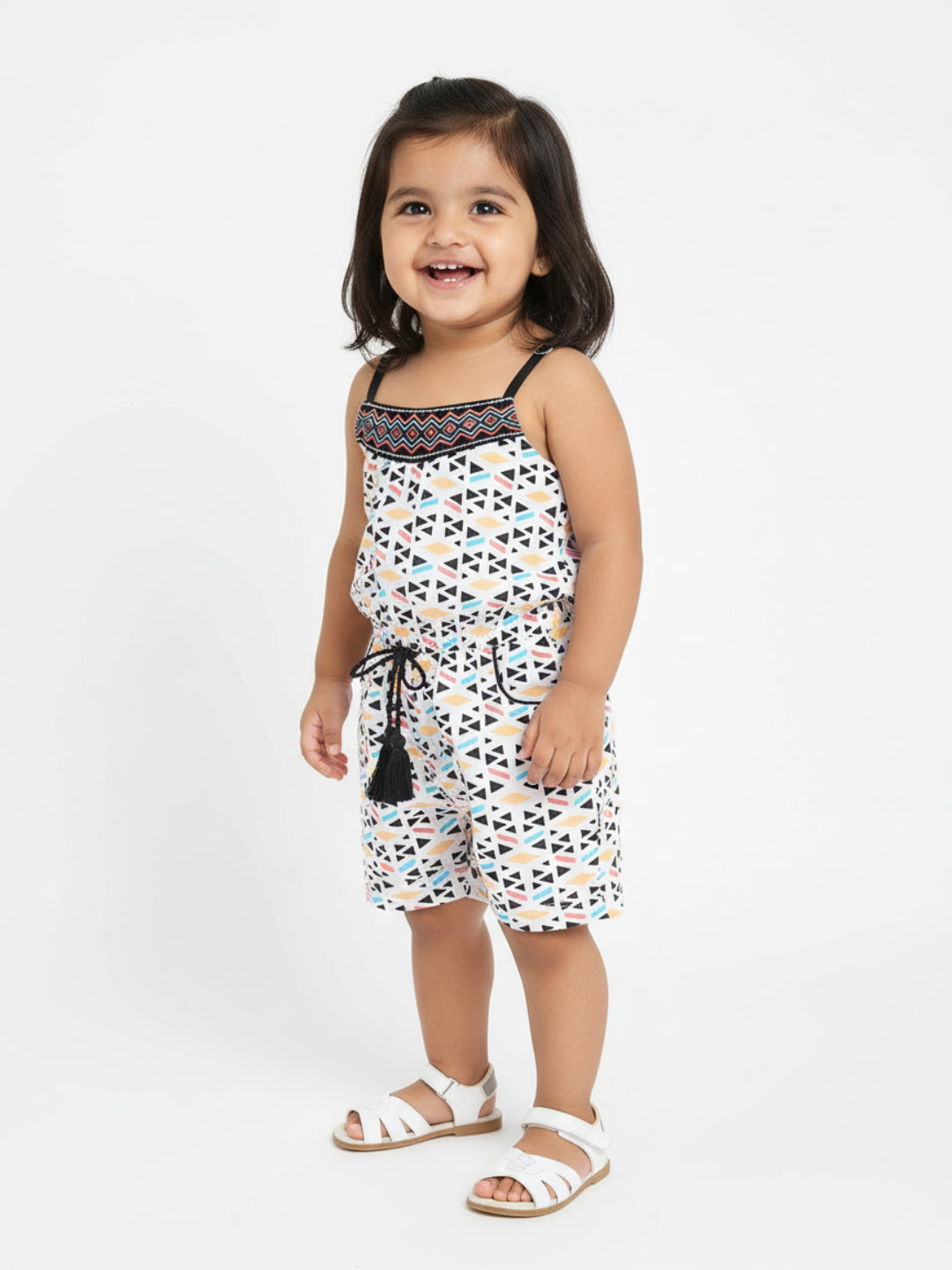 Nautinati Girls White Black Printed Jumpsuit