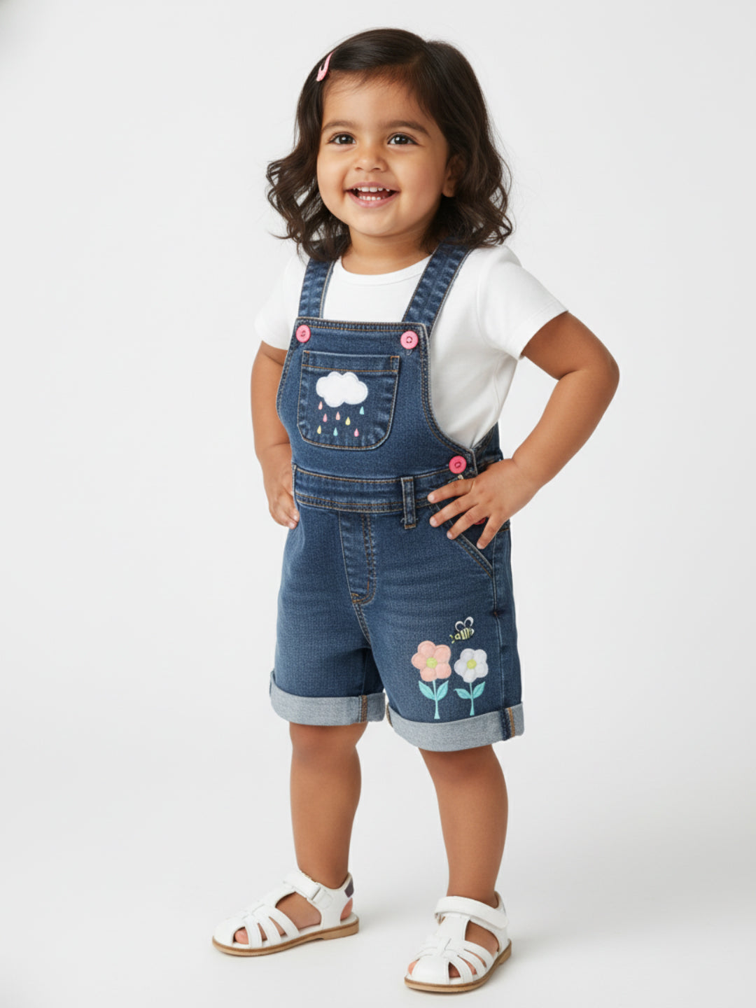 Nautinati Girls Applique Work Pure Cotton Denim Dungaree