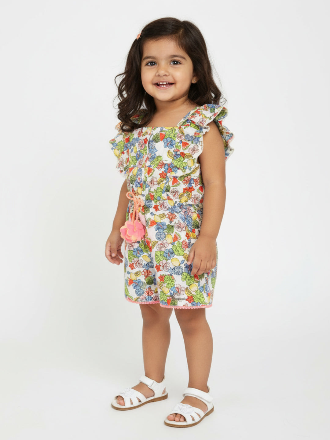 Nautinati Girls Floral Printed Square Neck Ruffled Pure Cotton Playsuit