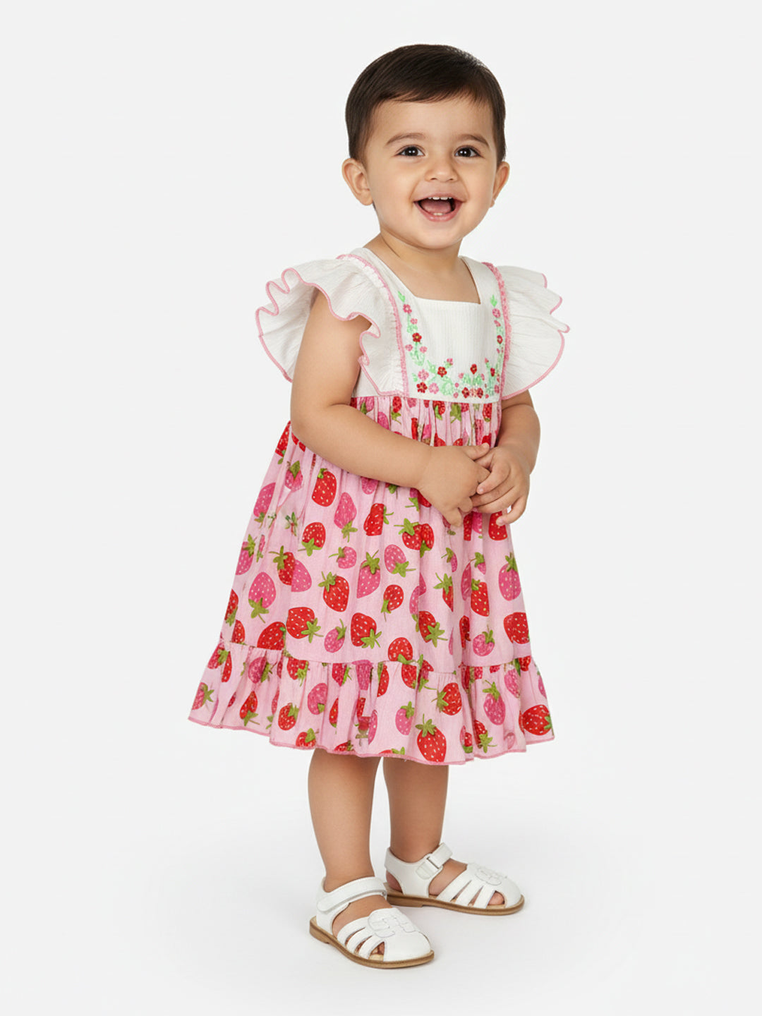 Nautinati Pink Conversational Printed Embroidered Flutter Sleeve A-Line Dress