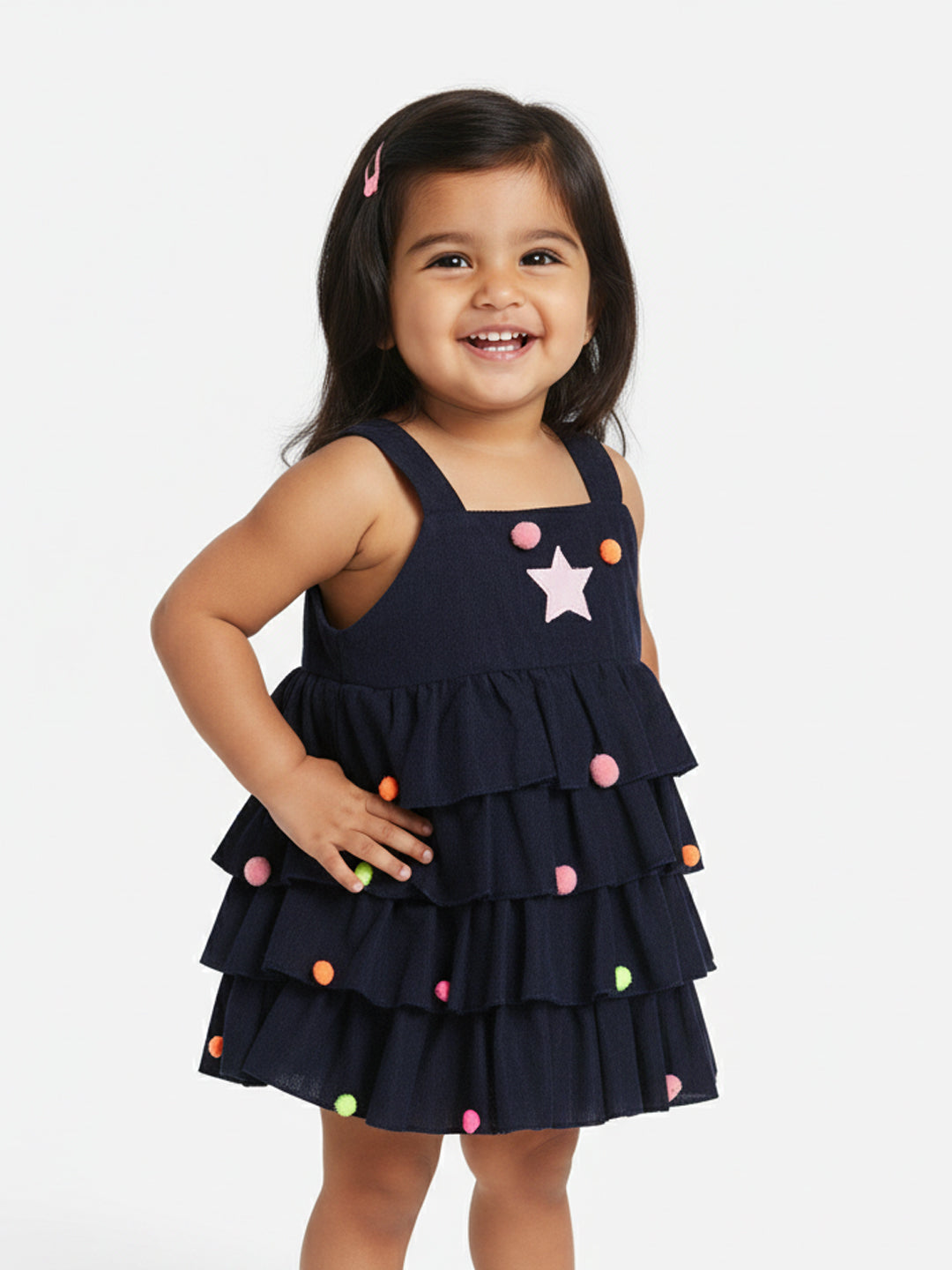 Nauti Nati Girls Graphic Self Design Shoulder Straps Layered Fit  Flare Dress